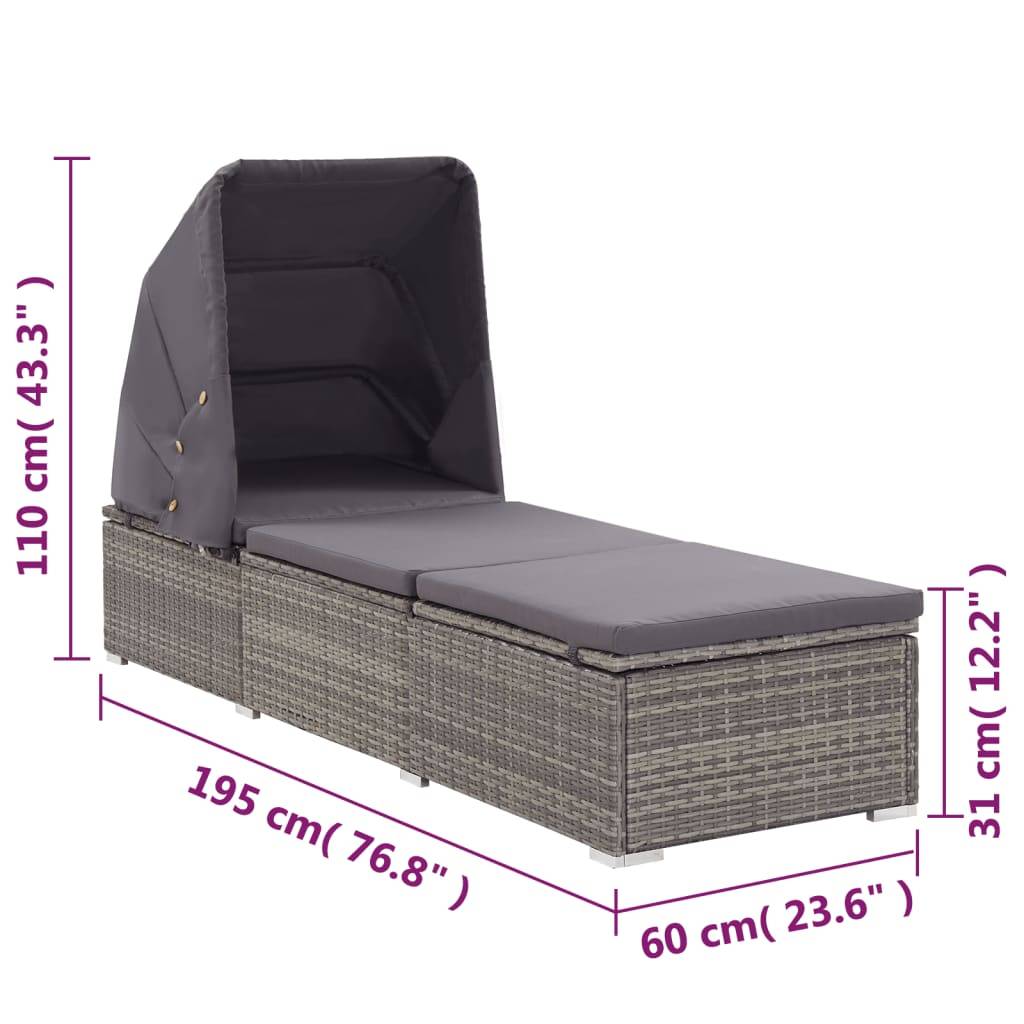 Vidaxl - Chaise longue avec auvent et coussin Résine tressée Gris vidaXL 46248 - Imagen 3