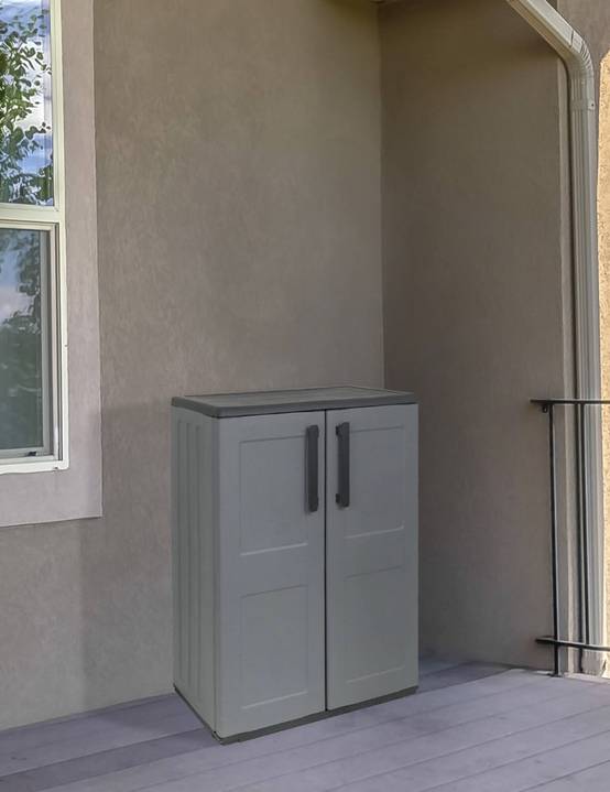 Dmora - Armoire d'extérieur Mol, Armoire de balcon polyvalente, Armoire d'extérieur avec 2 portes, 68x37h84 cm, Finition à carreaux, Gris et Noir - Dmora - Image 2