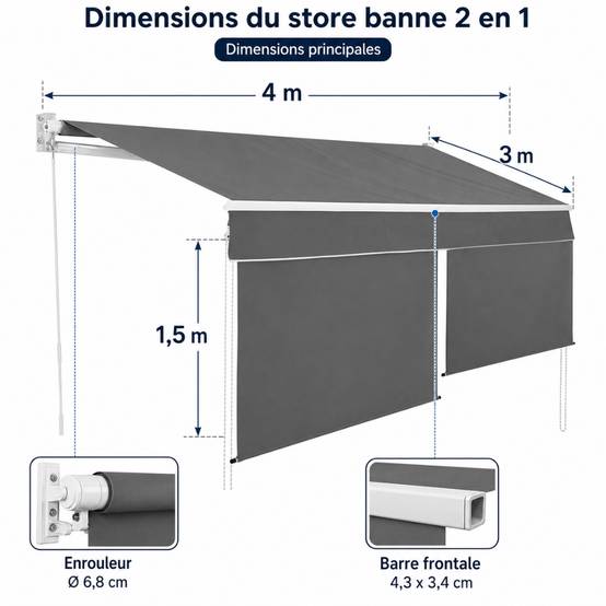 Store banne 2 en 1 avec double protection verticale et horizontale - Terrasse et balcon 4 x 3 Gris - Image 2