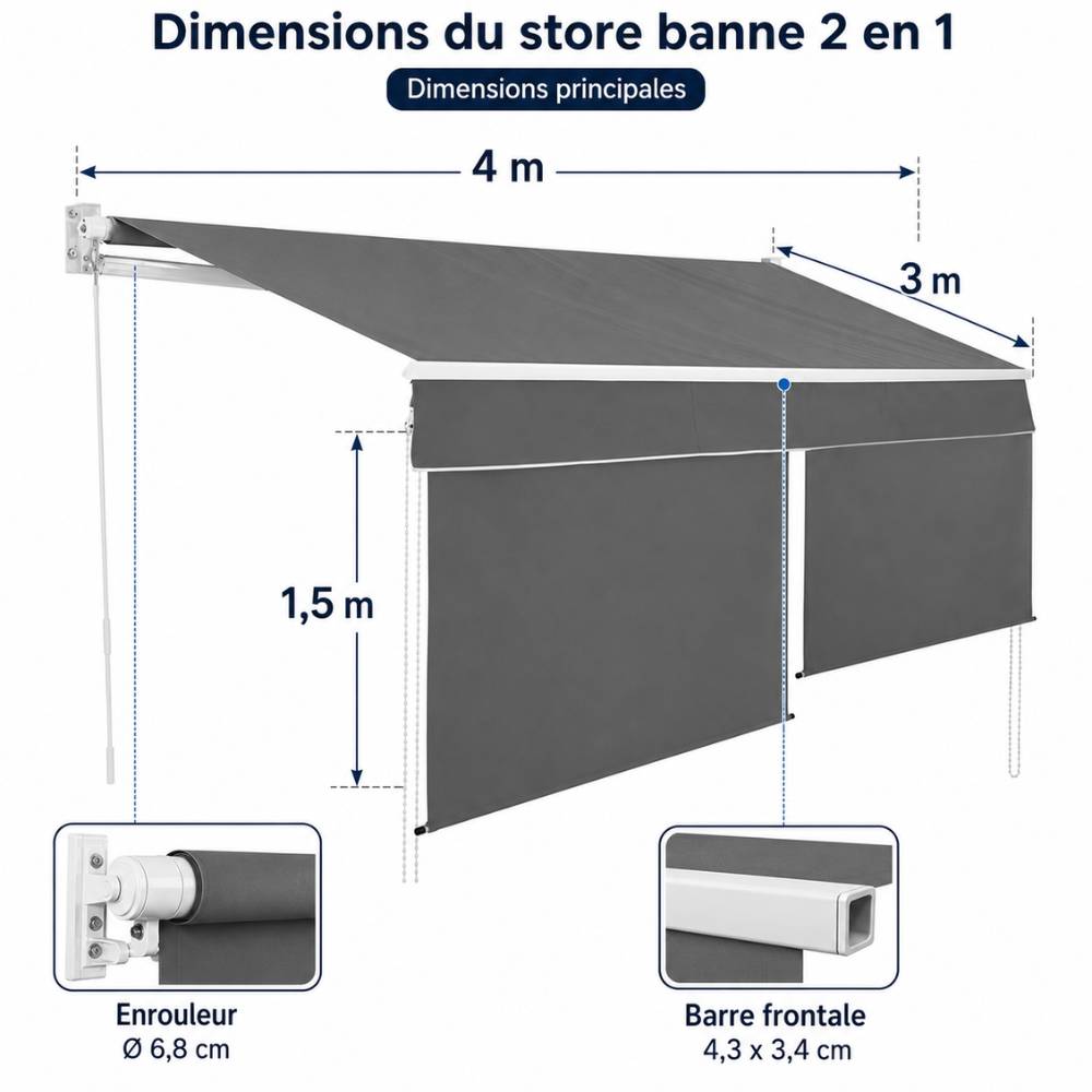Store banne 2 en 1 avec double protection verticale et horizontale - Terrasse et balcon 4 x 3 Gris - Image 2