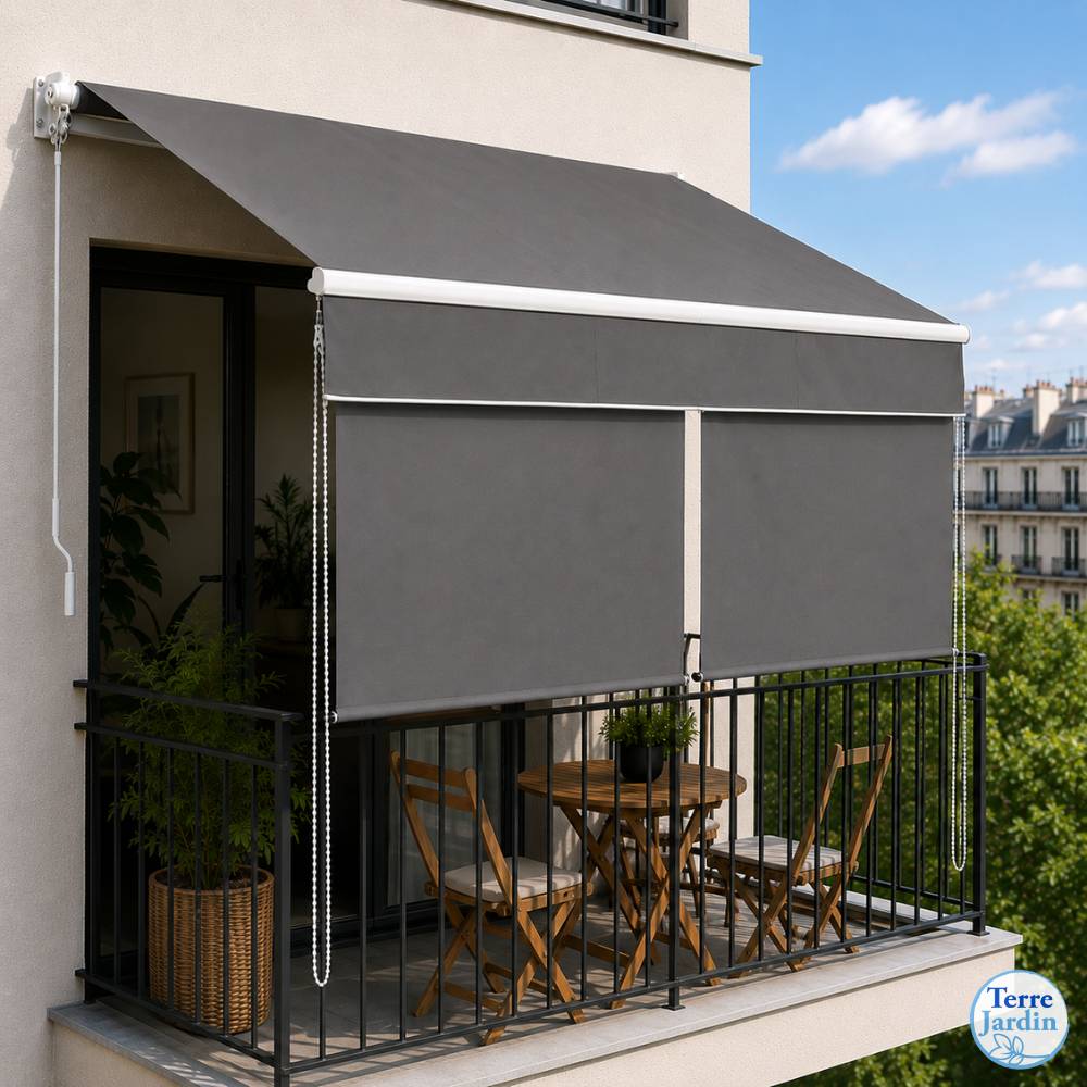 Store banne 2 en 1 avec double protection verticale et horizontale - Terrasse et balcon 4 x 3 Gris - Image 4