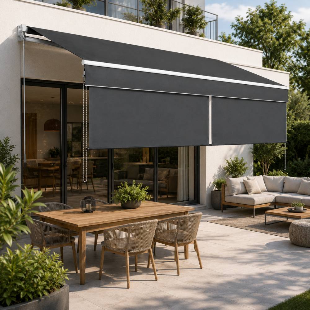 Store banne 2 en 1 avec double protection verticale et horizontale - Terrasse et balcon 4 x 3 Gris - Image 3