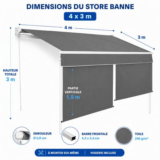 Store banne 2 en 1 avec double protection verticale et horizontale - Terrasse et balcon 4 x 3 Gris - Image 2