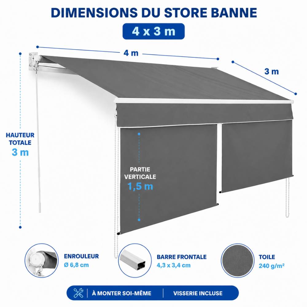 Store banne 2 en 1 avec double protection verticale et horizontale - Terrasse et balcon 4 x 3 Gris - Image 2