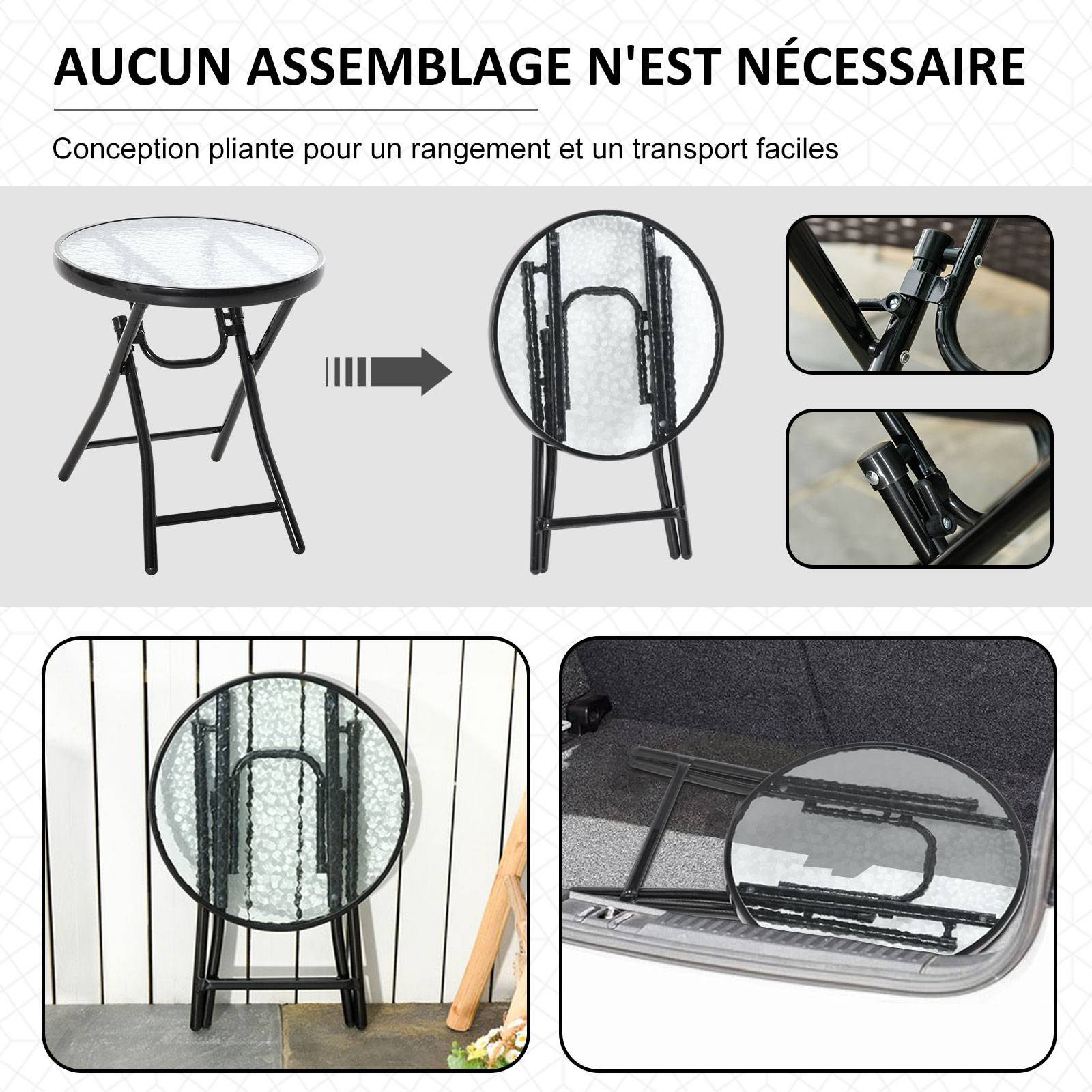 Outsunny - Table basse ronde bistro de jardin Ø 45 x 50H cm pliable métal époxy noir plateau verre trempé - Image 4