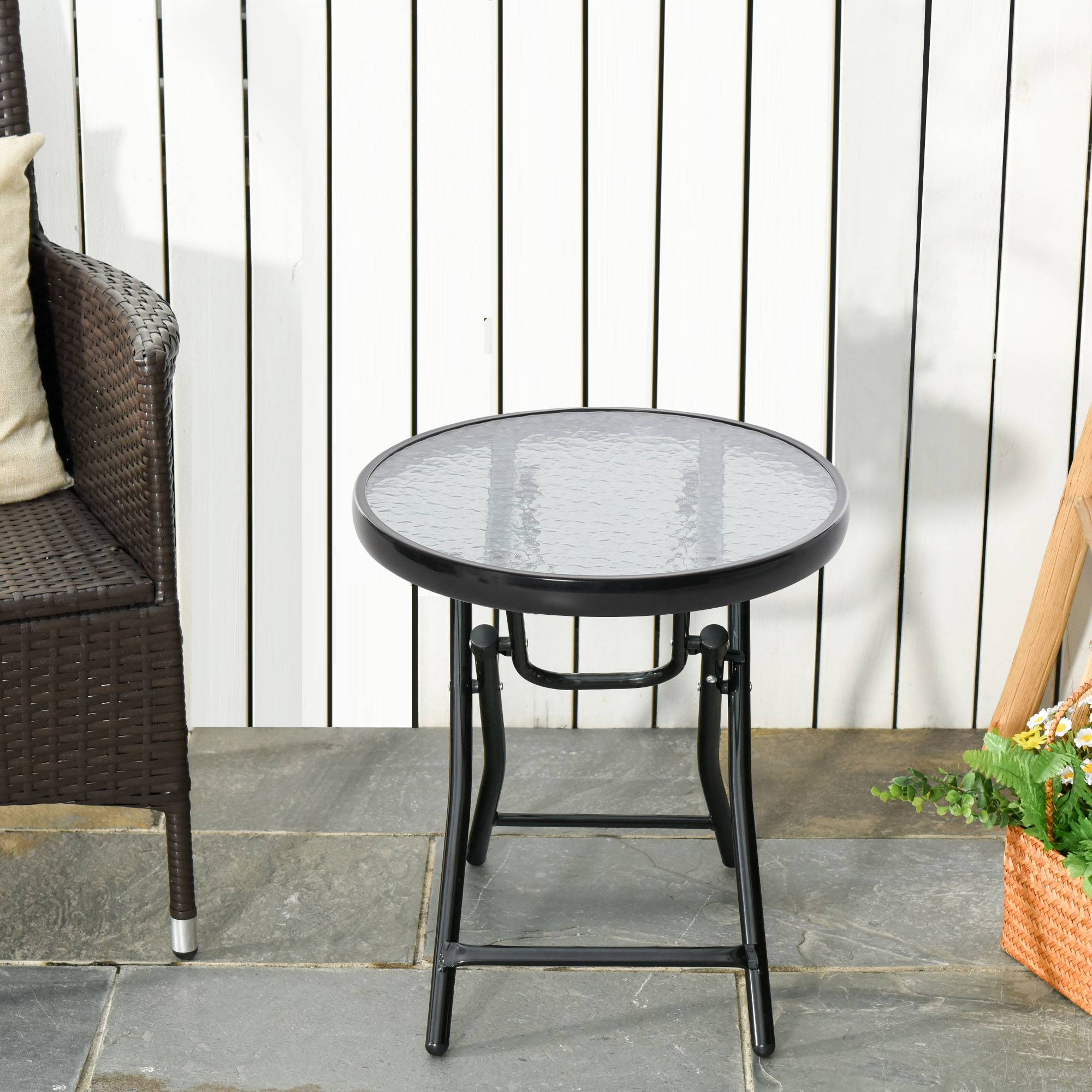Outsunny - Table basse ronde bistro de jardin Ø 45 x 50H cm pliable métal époxy noir plateau verre trempé - Image 2