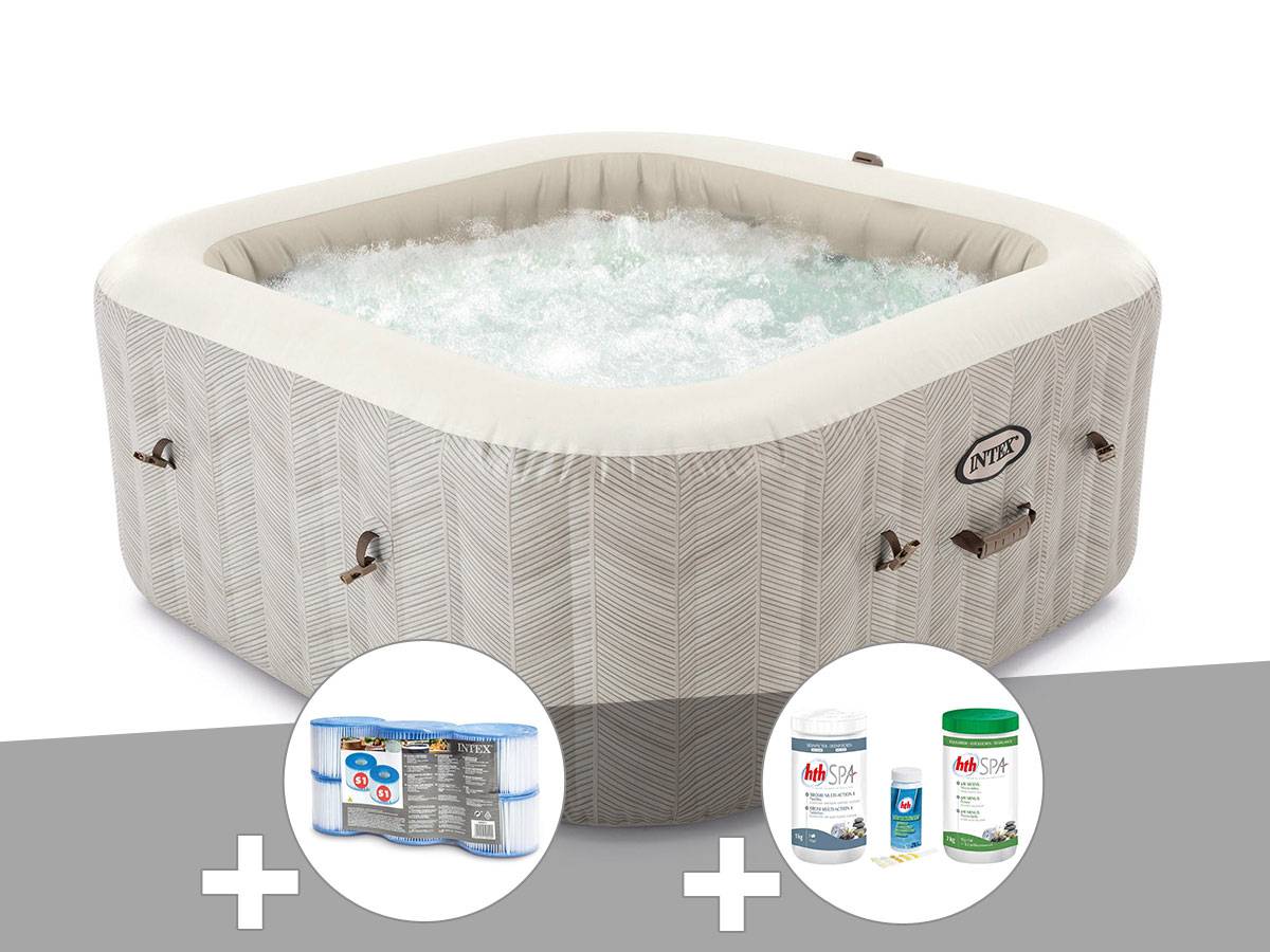 Kit spa gonflable Intex PureSpa Chevron carré Bulles 6 places + 6 filtres + Kit de traitement brome