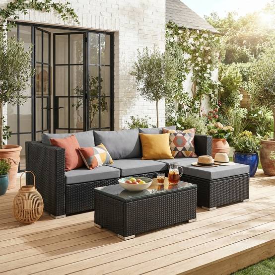sweeek - Salon de jardin en résine pour 4 personnes - Torino – résine noir et coussins gris | sweeek - Image 1
