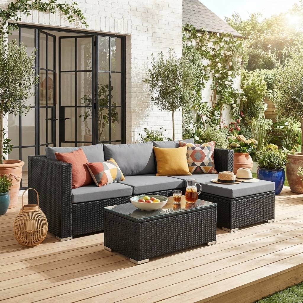 sweeek - Salon de jardin en résine pour 4 personnes - Torino – résine noir et coussins gris | sweeek - Image 1