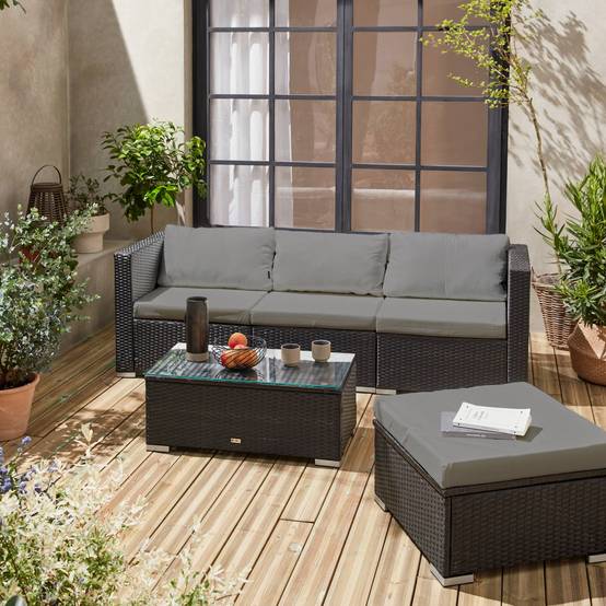 sweeek - Salon de jardin en résine pour 4 personnes - Torino – résine noir et coussins gris | sweeek - Image 3