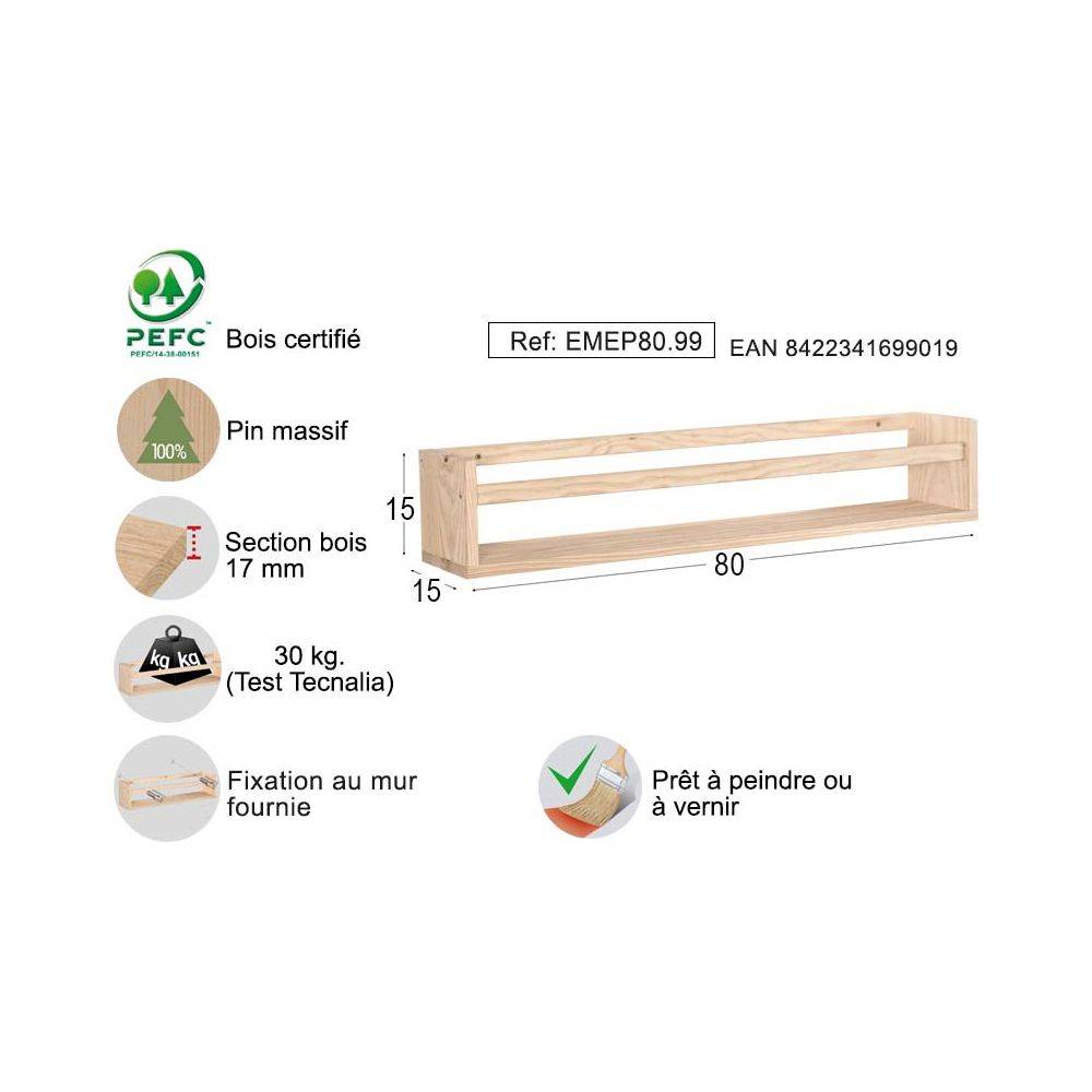 Étagère avec barre centrale en pin Kit Line 80 cm - Imagen 3