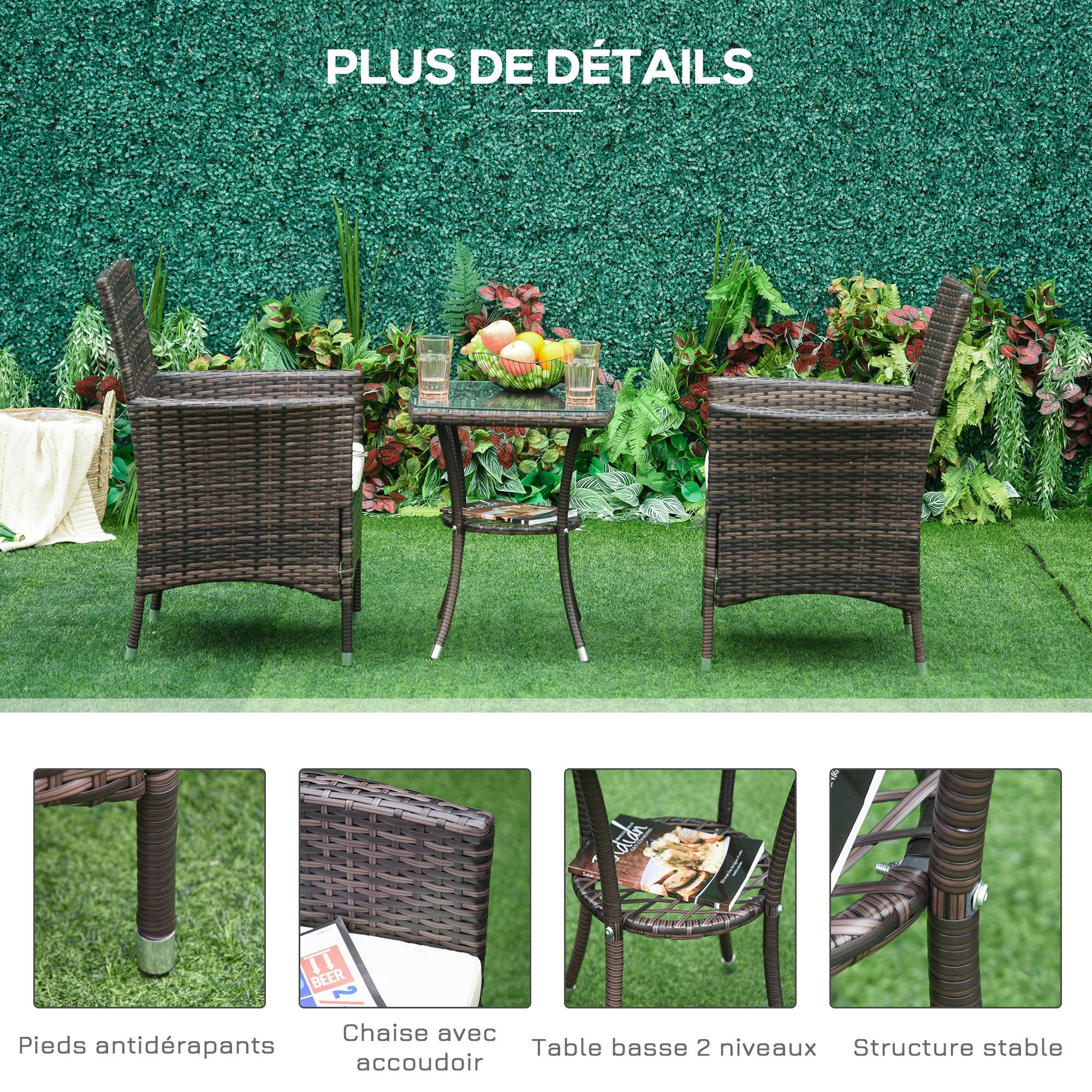 Outsunny - Ensemble salon de jardin 2 places 2 fauteuils table basse plateau verre trempé résine tressée imitation rotin chocolat foncé coussins blanc - Outsunny - Imagen 5