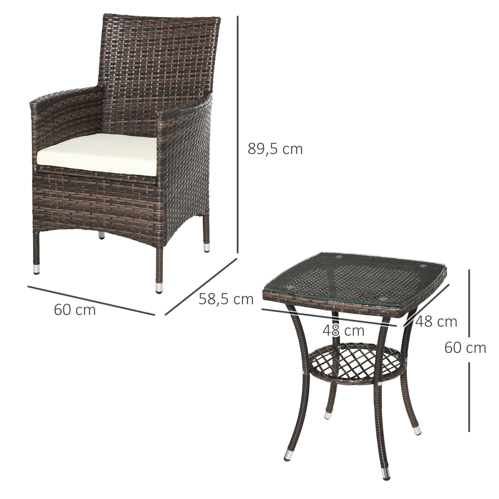 Outsunny - Ensemble salon de jardin 2 places 2 fauteuils table basse plateau verre trempé résine tressée imitation rotin chocolat foncé coussins blanc - Outsunny - Imagen 3