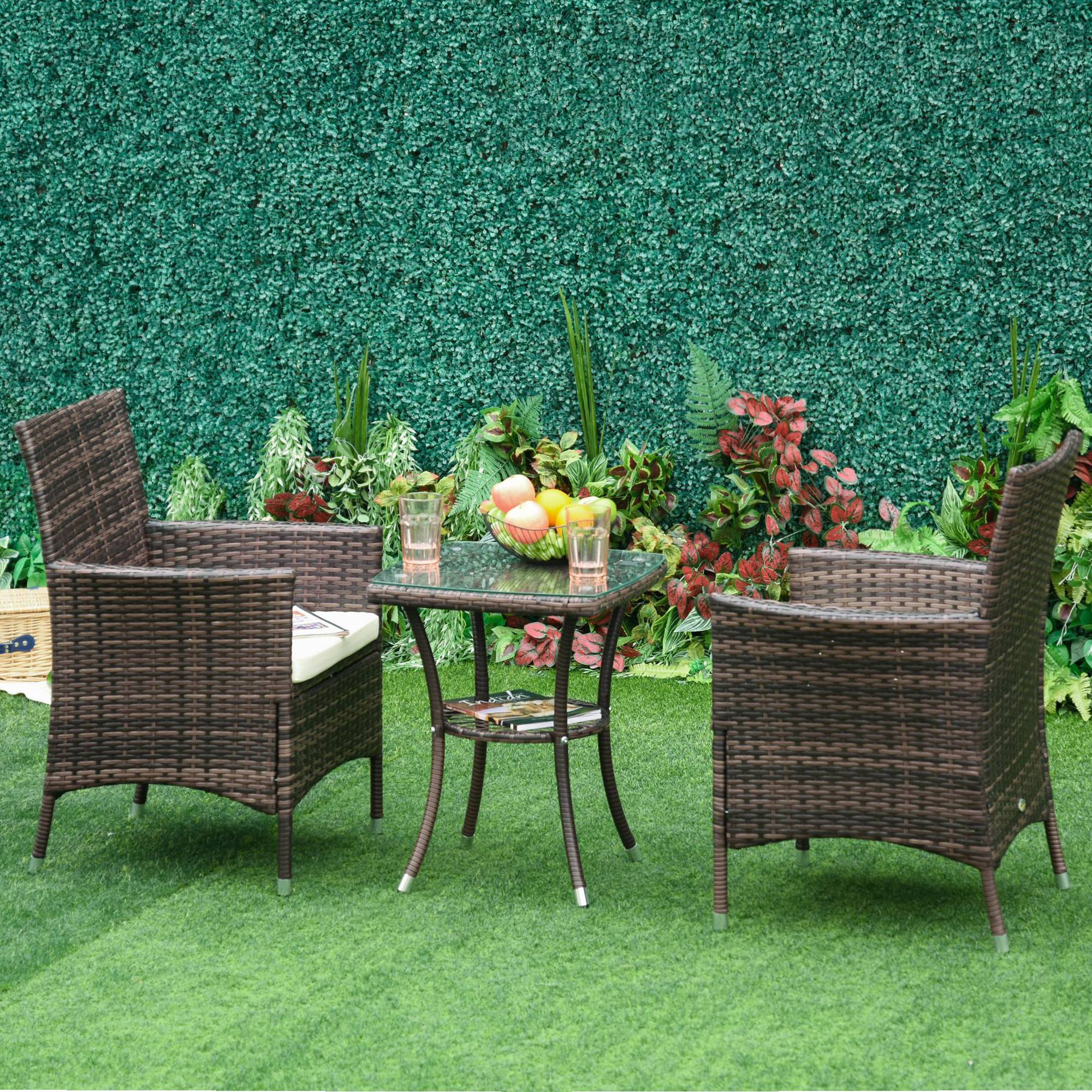 Outsunny - Ensemble salon de jardin 2 places 2 fauteuils table basse plateau verre trempé résine tressée imitation rotin chocolat foncé coussins blanc - Outsunny - Imagen 2