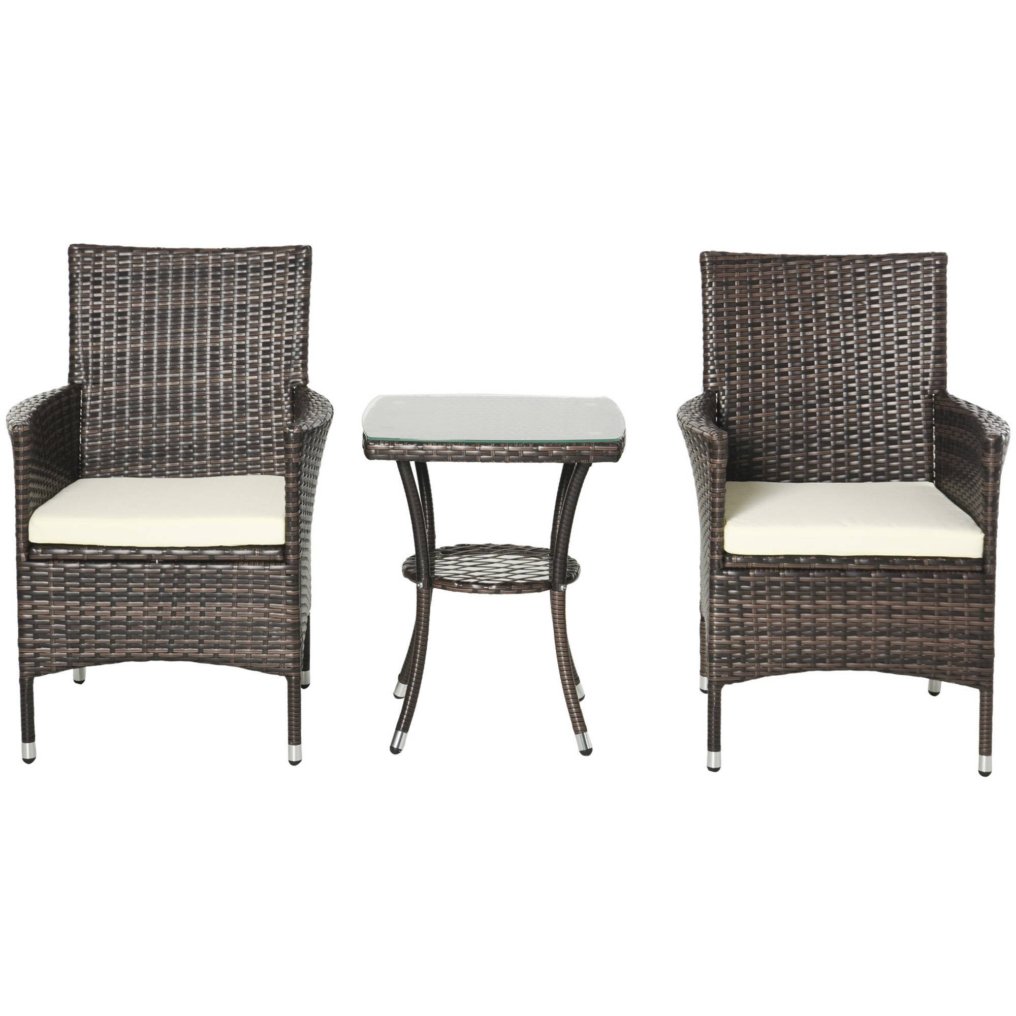 Outsunny - Ensemble salon de jardin 2 places 2 fauteuils table basse plateau verre trempé résine tressée imitation rotin chocolat foncé coussins blanc - Outsunny - Imagen 1