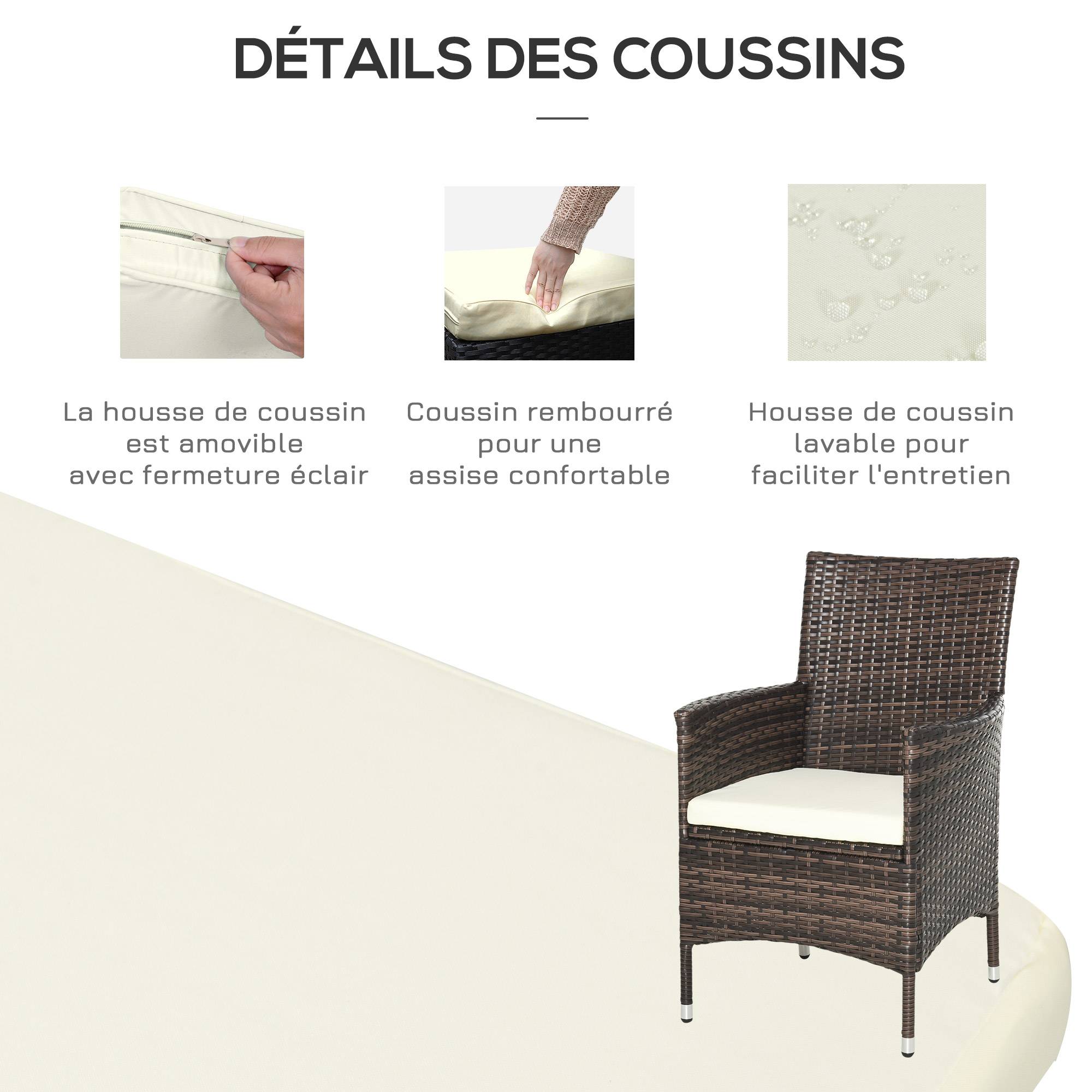 Outsunny - Ensemble salon de jardin 2 places 2 fauteuils table basse plateau verre trempé résine tressée imitation rotin chocolat foncé coussins blanc - Outsunny - Imagen 6