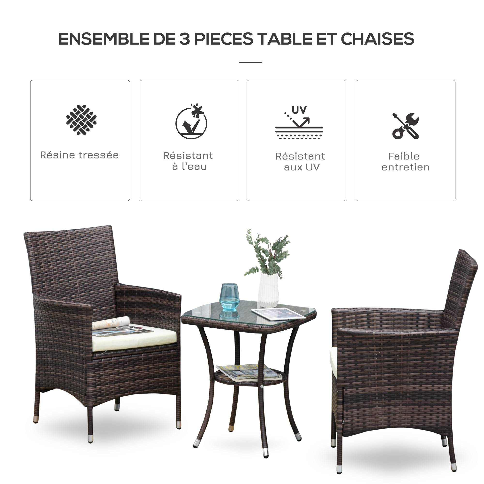 Outsunny - Ensemble salon de jardin 2 places 2 fauteuils table basse plateau verre trempé résine tressée imitation rotin chocolat foncé coussins blanc - Outsunny - Imagen 4