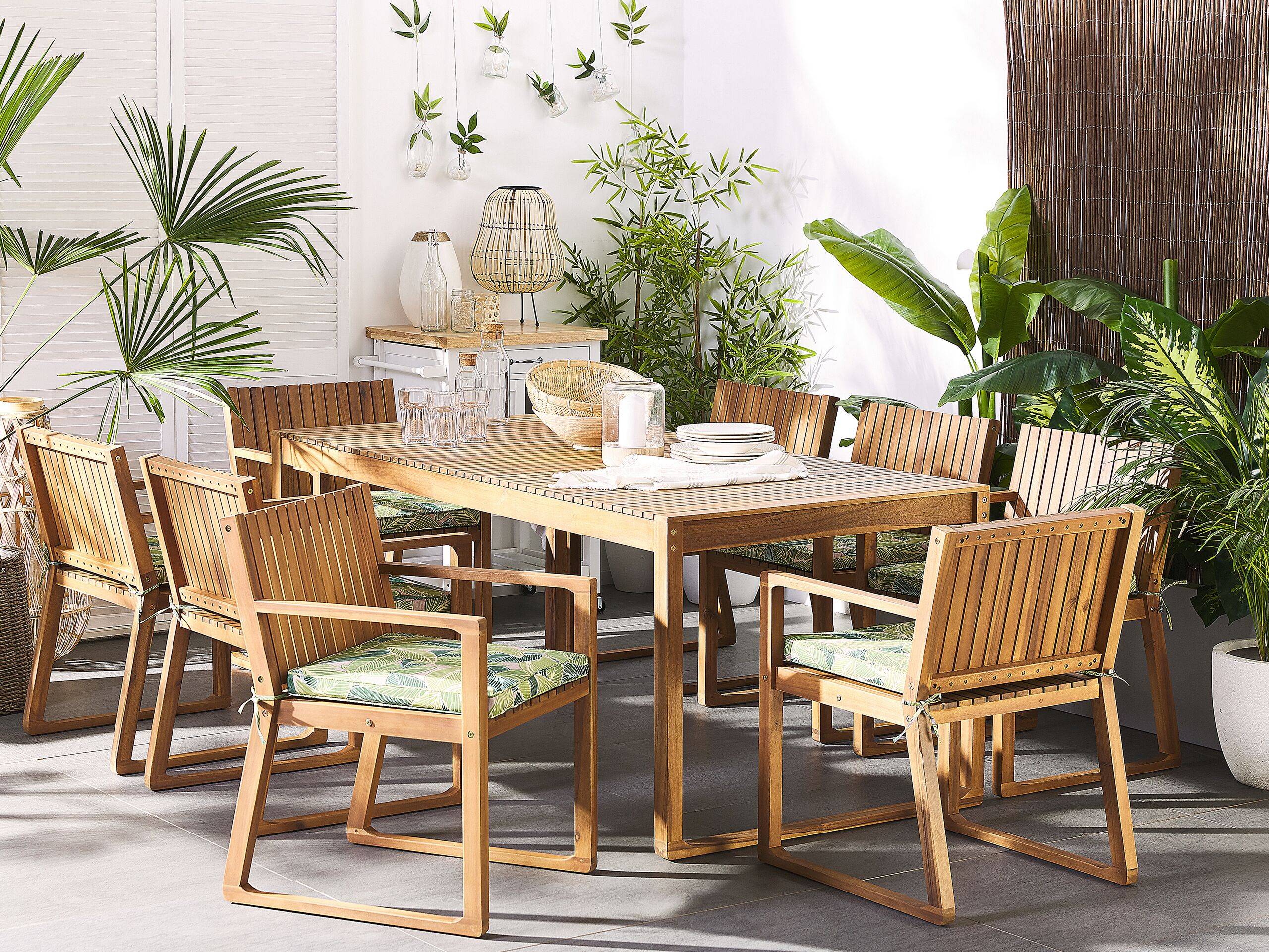 Beliani - Ensemble de Jardin composé d'une Table 180 x 90 cm et de 8 Chaises en Bois d'Accacia avec Coussins d'Assise Verts motif Feuilles Beliani - Imagen 2