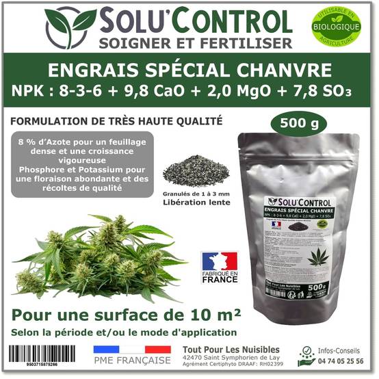 Tout pour les nuisibles - SOLU’CONTROL - 500 g - Engrais Spécial Chanvre NPK 8-3-6 - Stimule une croissance vigoureuse et un développement harmonieux du chanvre - UAB - Image 1