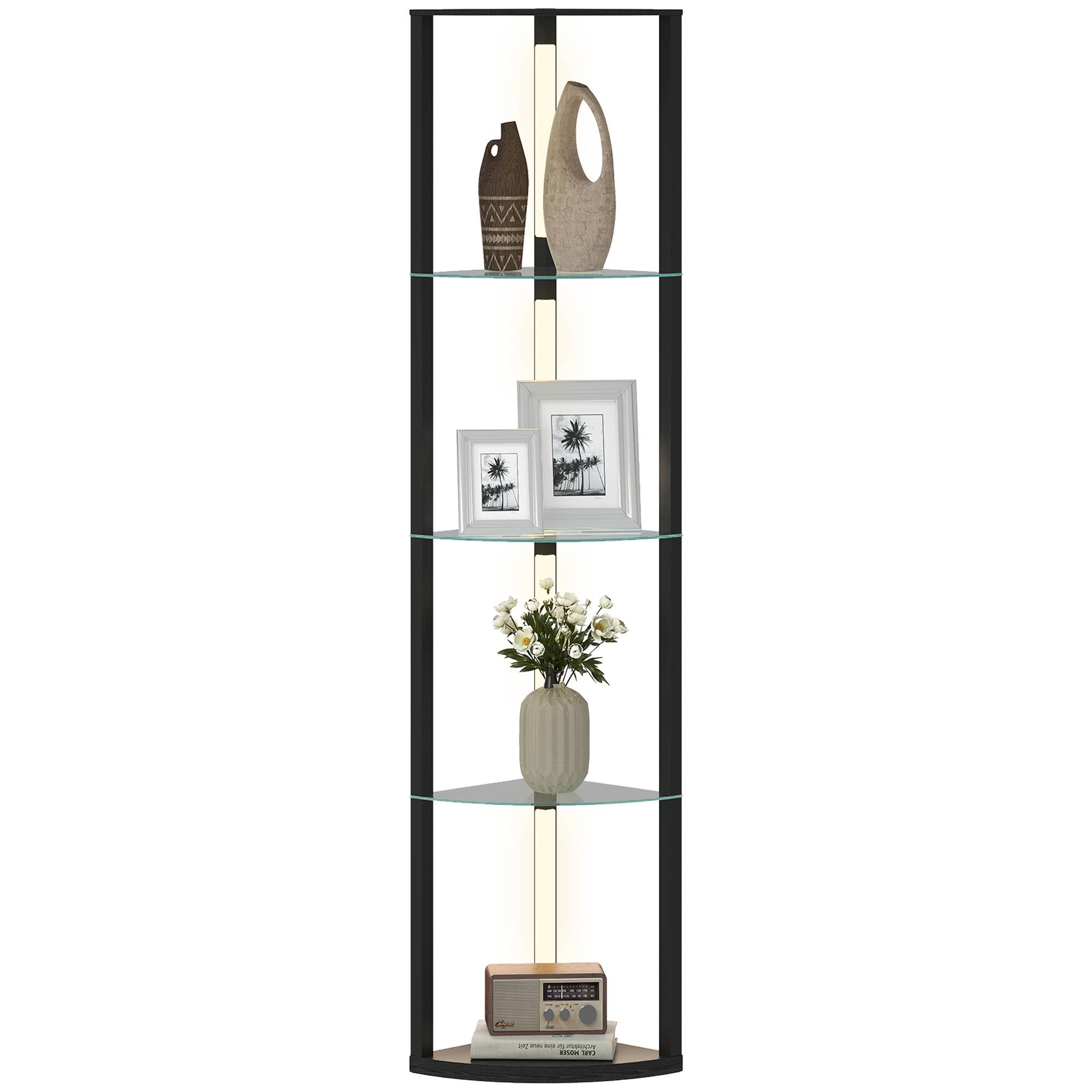 Lampadaire LED avec étagère en verre, 3 niveaux de luminosité, interrupteur au pied, pour salon ou chambre, noir - Image 1