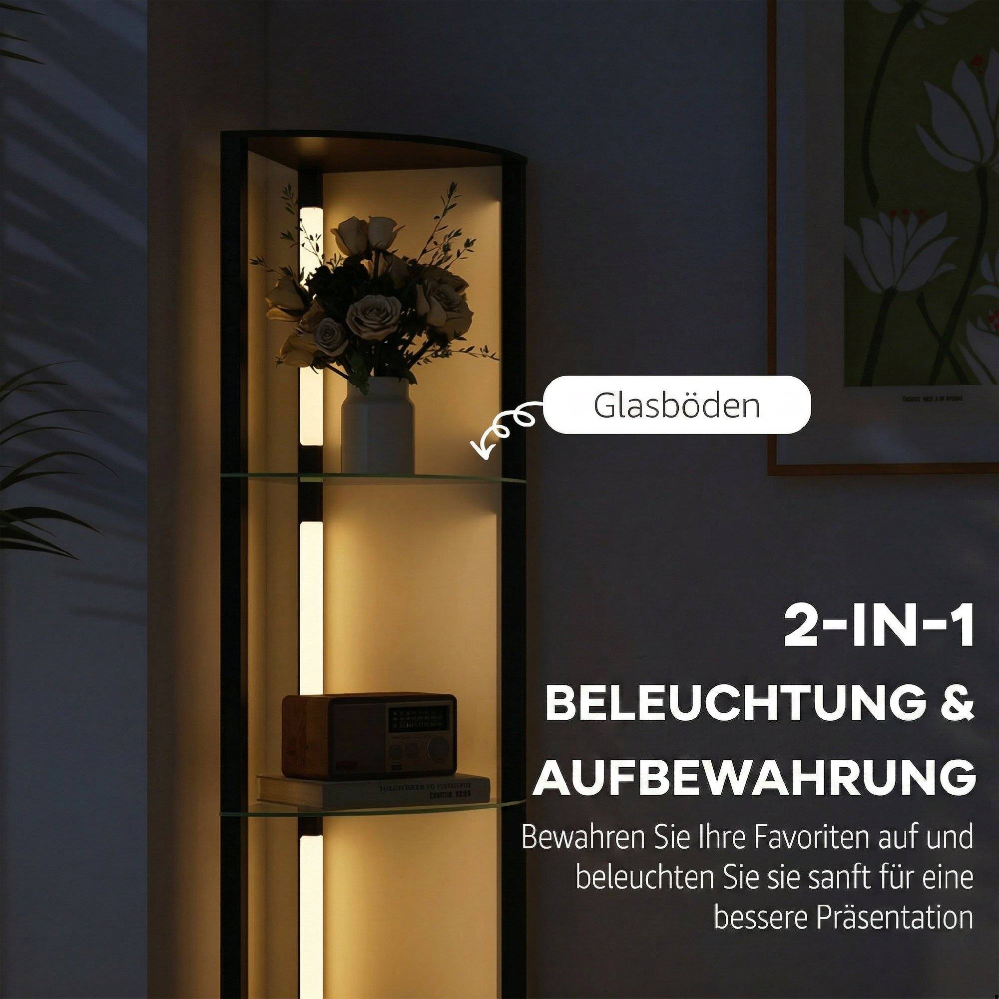 Lampadaire LED avec étagère en verre, 3 niveaux de luminosité, interrupteur au pied, pour salon ou chambre, noir - Image 6