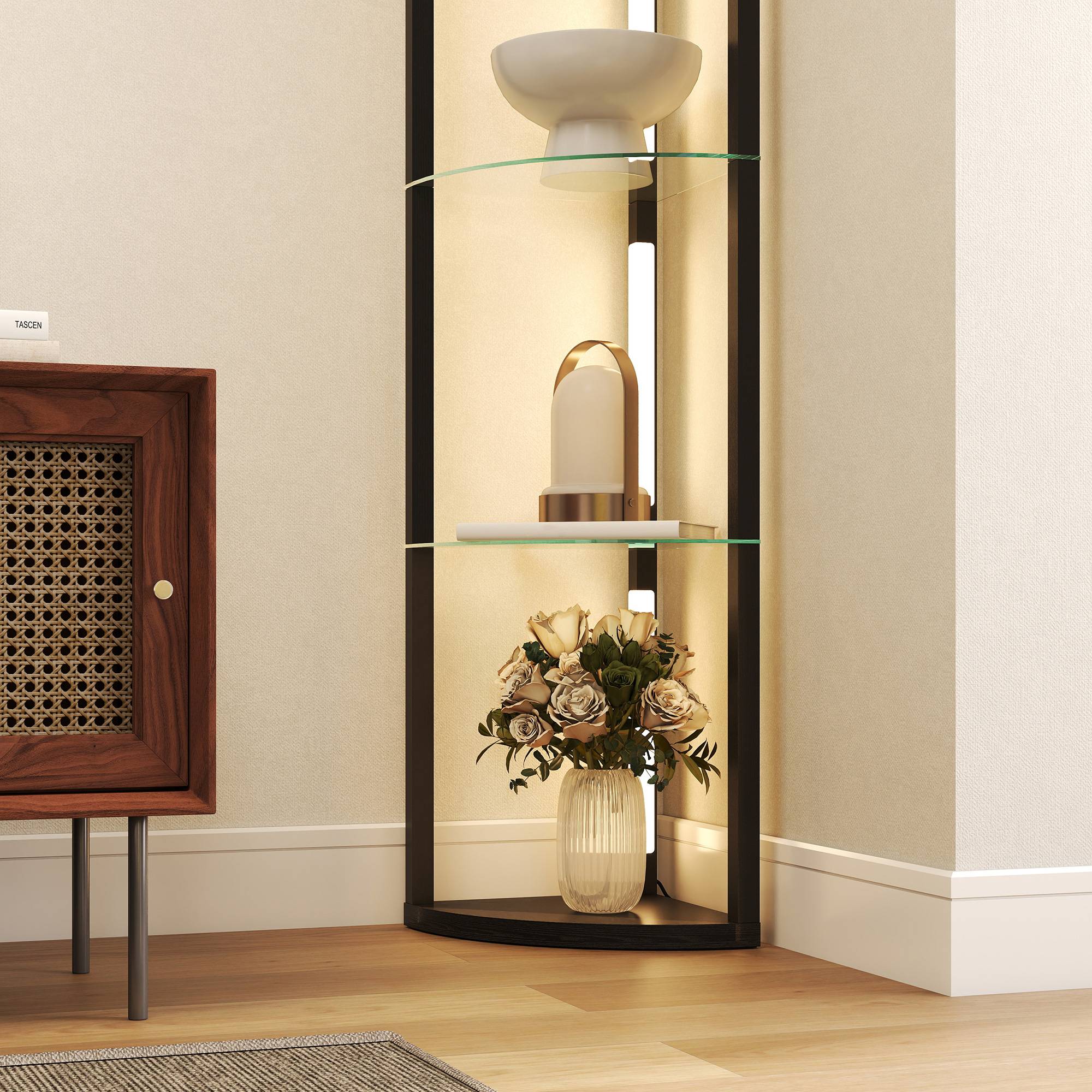 Lampadaire LED avec étagère en verre, 3 niveaux de luminosité, interrupteur au pied, pour salon ou chambre, noir - Image 9