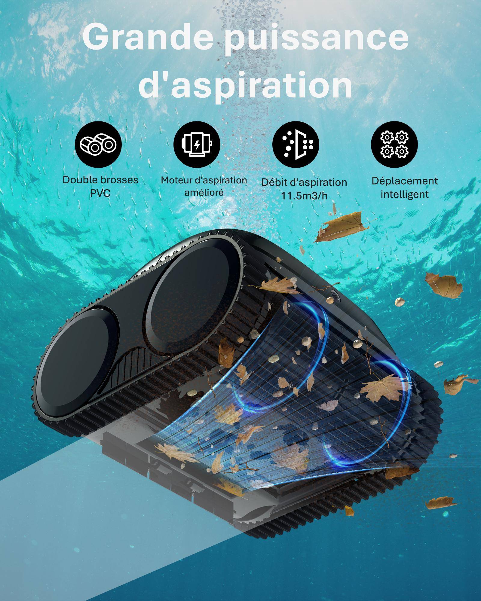 WYBOT C1-OS800, Robot piscine sans fil performant pour nettoyage automatique complet fond, parois et ligne d'eau - Image 2