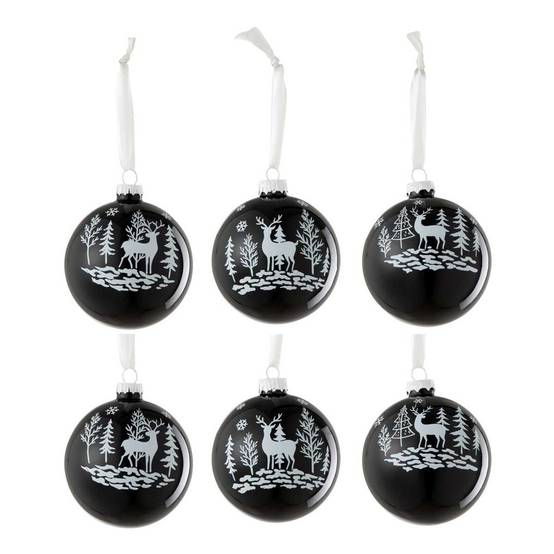 Lot de 6 Boules de Noël "Renne" 8cm Noir & Blanc