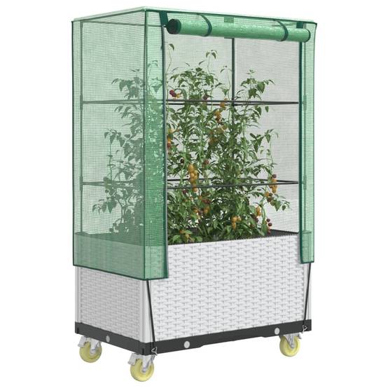 Jardinière surélevée PP blanc avec housse et roues aspect rotin 50 x 80 x 182 cm - PANGIVO - Image 1