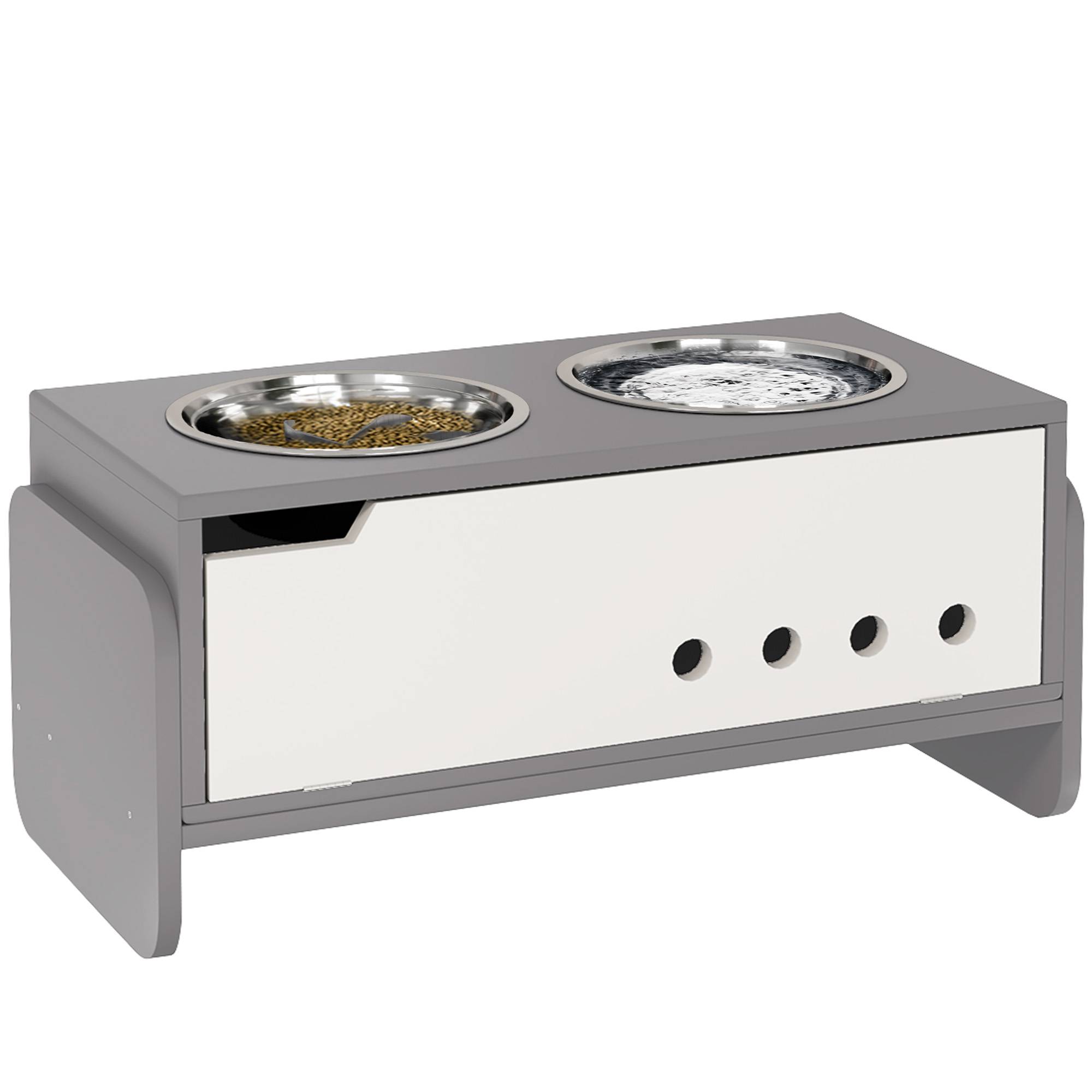 Sans Marque - Station d'alimentation surélevée pour chiens, avec espace de rangement et tapis anti-avalement, 2 gamelles de 2000 ml en acier inoxydable, grise - Image 1