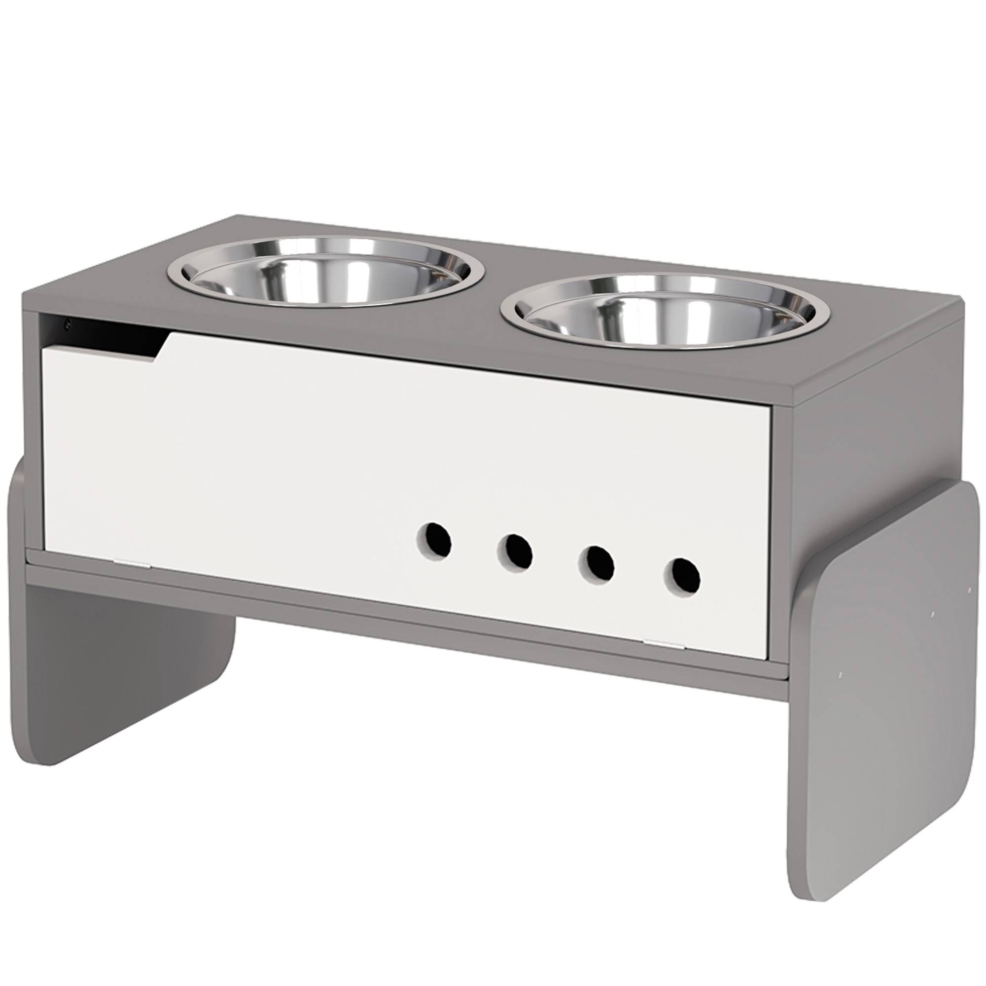 Sans Marque - Station d'alimentation surélevée pour chiens, avec espace de rangement et tapis anti-avalement, 2 gamelles de 2000 ml en acier inoxydable, grise - Image 2