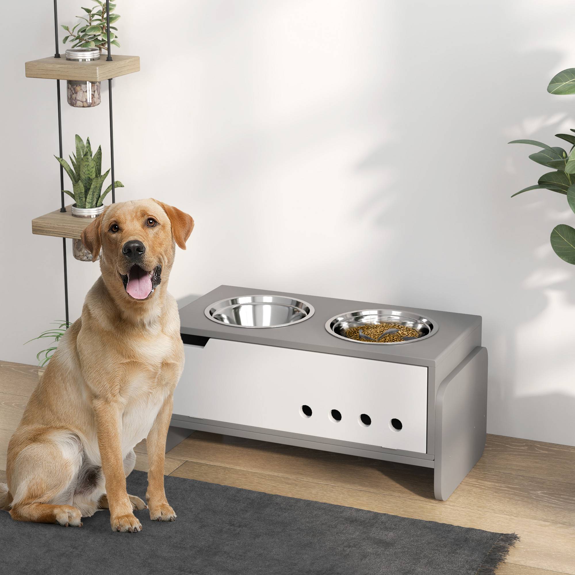Sans Marque - Station d'alimentation surélevée pour chiens, avec espace de rangement et tapis anti-avalement, 2 gamelles de 2000 ml en acier inoxydable, grise - Image 3