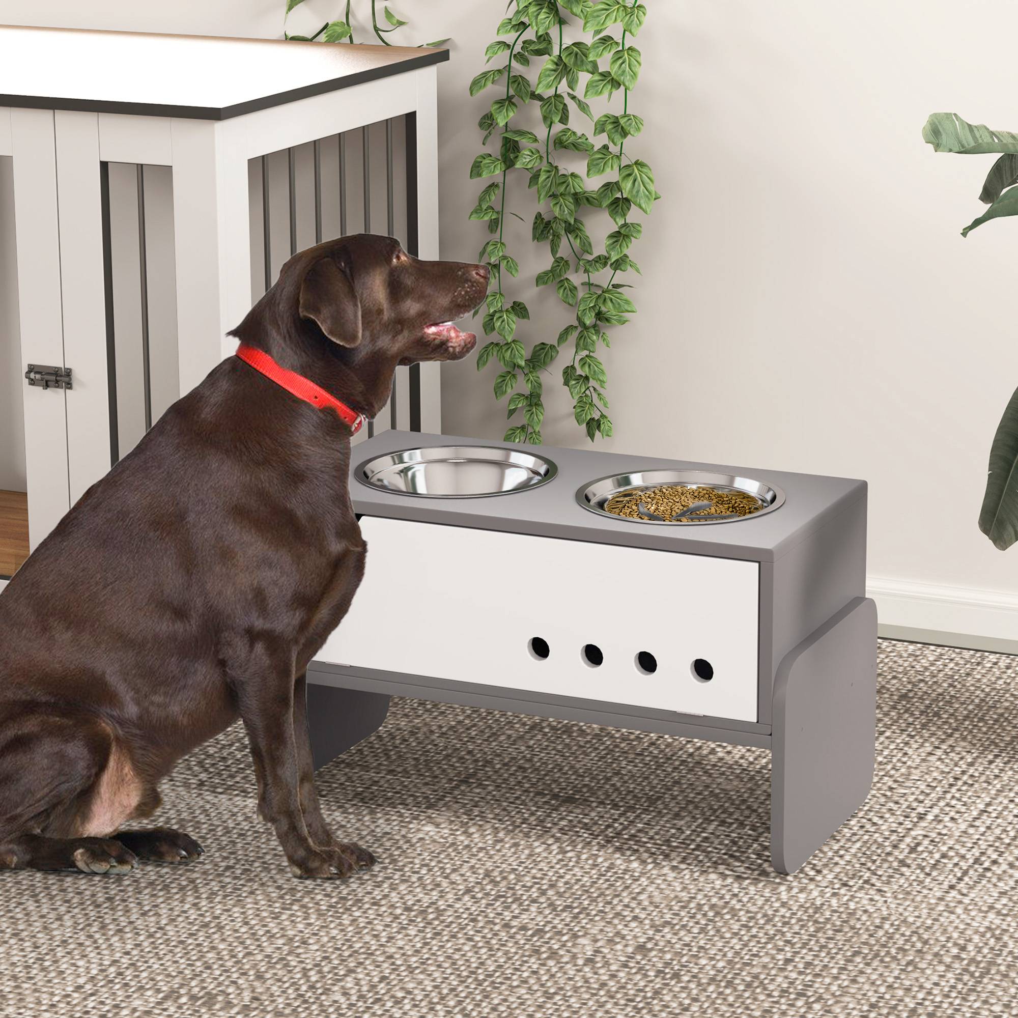 Sans Marque - Station d'alimentation surélevée pour chiens, avec espace de rangement et tapis anti-avalement, 2 gamelles de 2000 ml en acier inoxydable, grise - Image 4