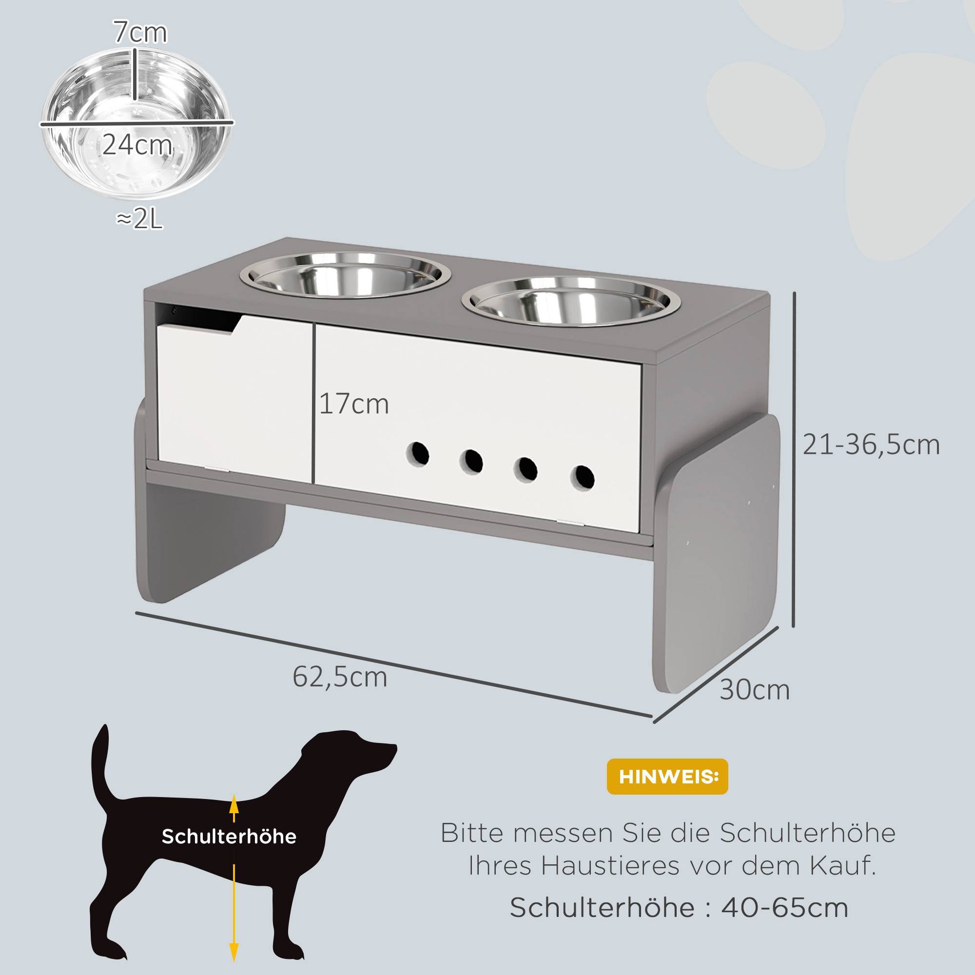 Sans Marque - Station d'alimentation surélevée pour chiens, avec espace de rangement et tapis anti-avalement, 2 gamelles de 2000 ml en acier inoxydable, grise - Image 5