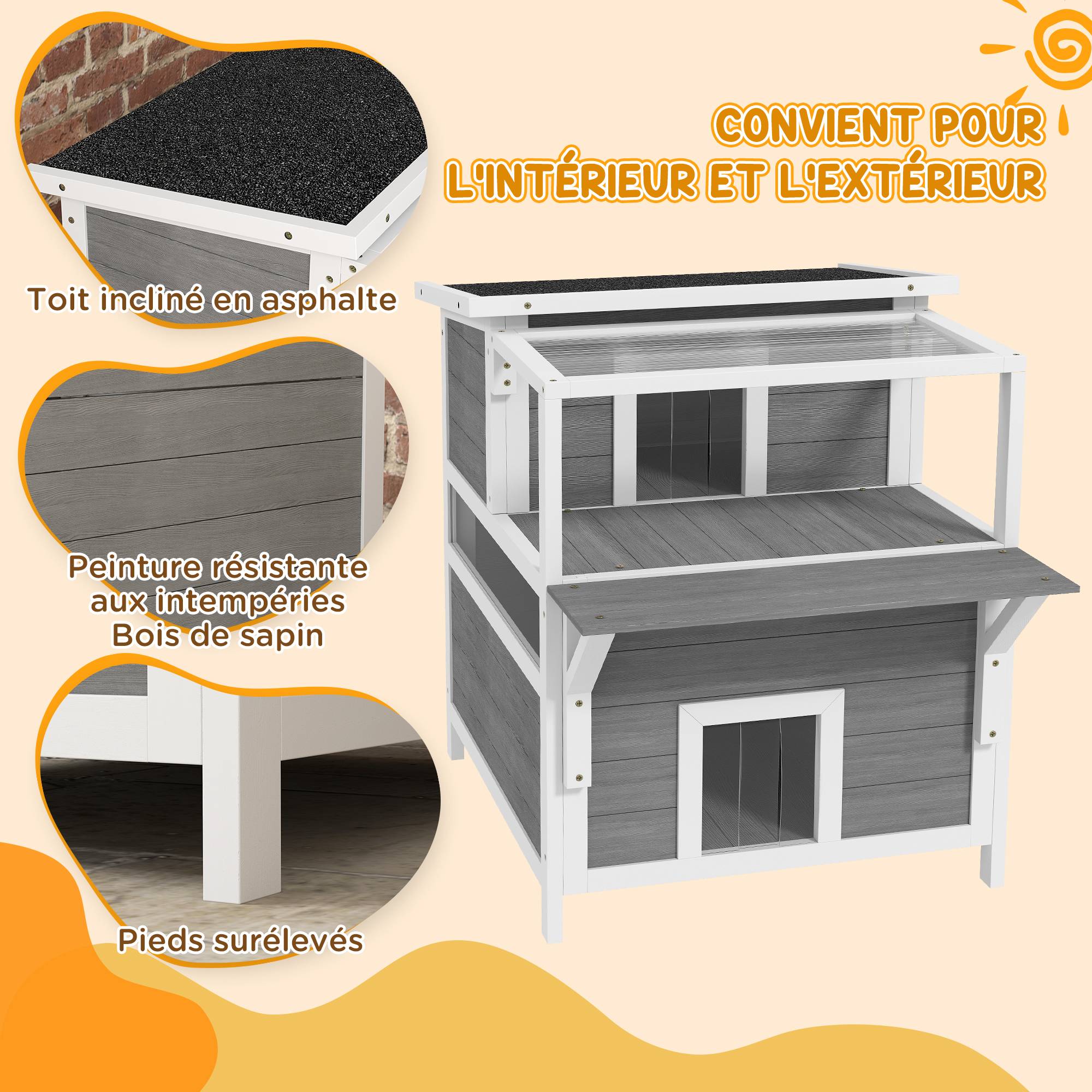 Maison pour chats bois gris clair 64 x 87 x 76 cm - PANGIVO - Image 6