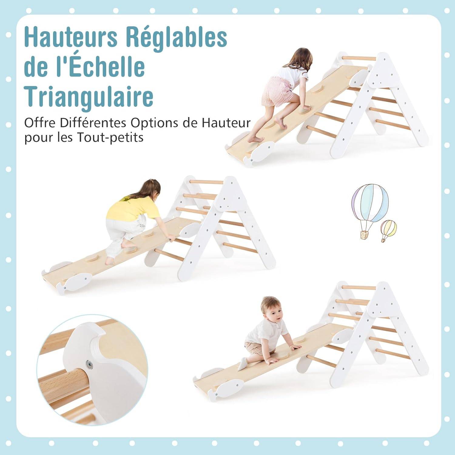 Triangle d'escalade enfants - 8 en 1 - avec rampe double face, arc d