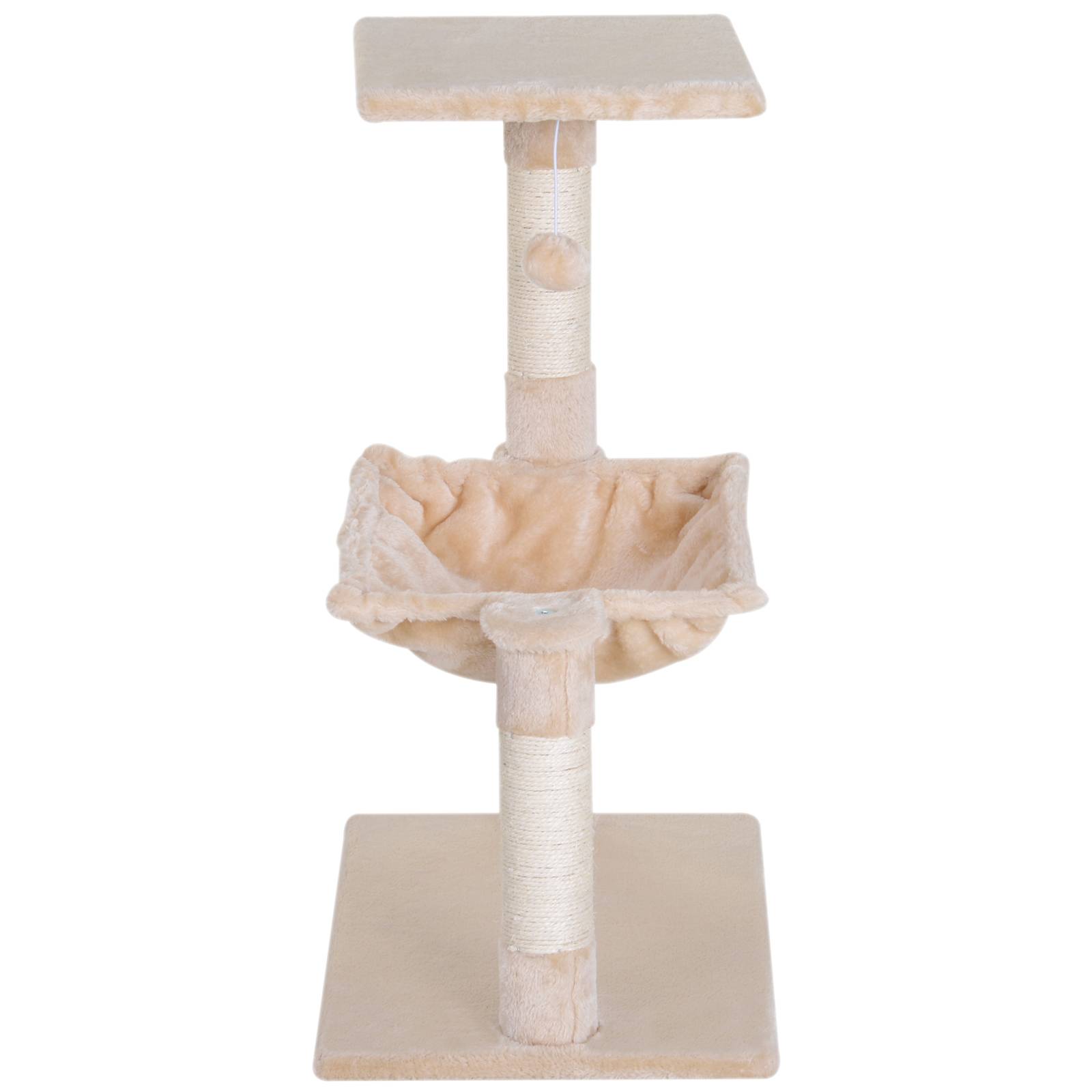 Arbre à chat PawHut 70 cm, tour avec balle en peluche, poteau sisal, grande plateforme, hamac, beige - Image 9