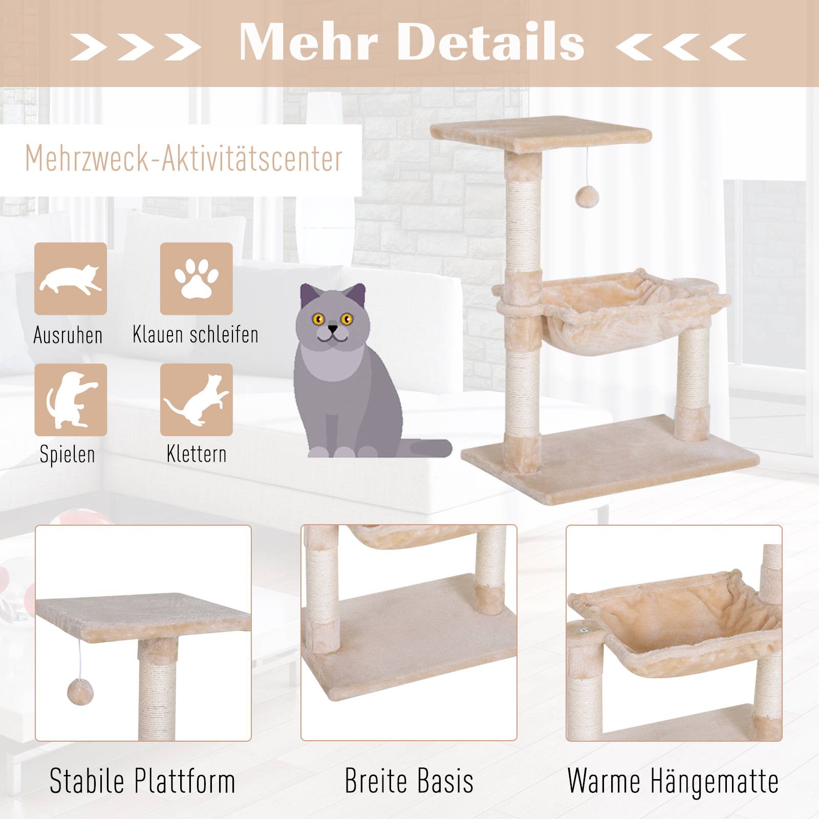 Arbre à chat PawHut 70 cm, tour avec balle en peluche, poteau sisal, grande plateforme, hamac, beige - Image 8