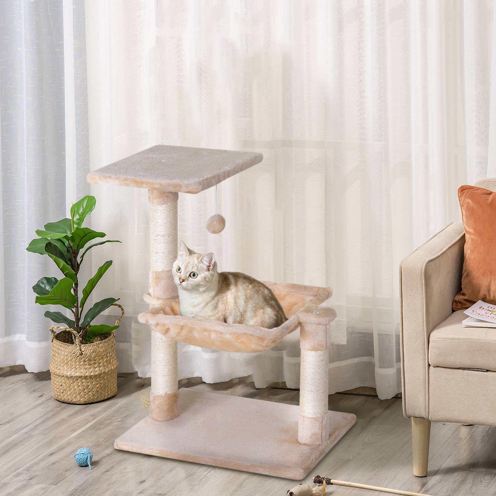 Arbre à chat PawHut 70 cm, tour avec balle en peluche, poteau sisal, grande plateforme, hamac, beige - Image 3