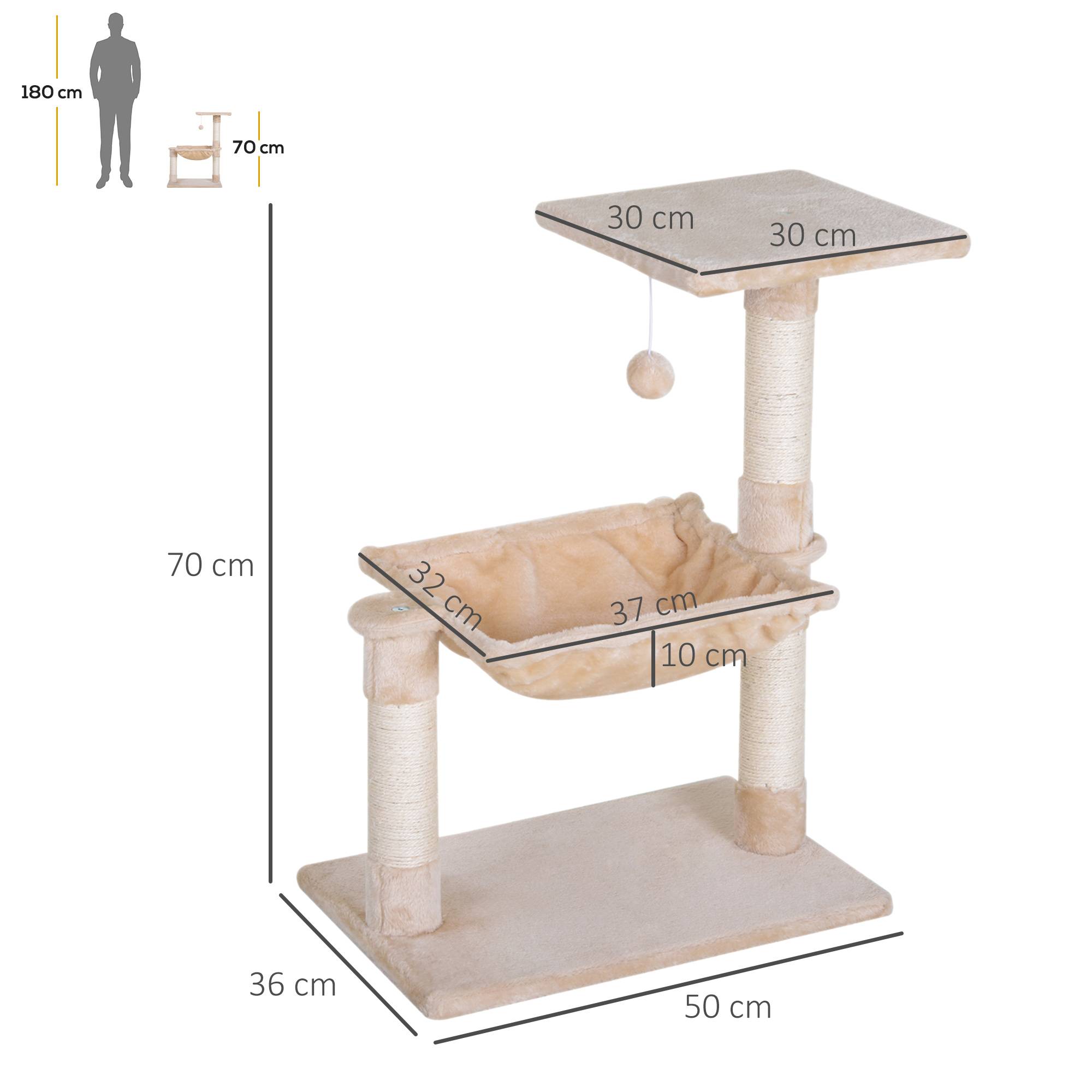 Arbre à chat PawHut 70 cm, tour avec balle en peluche, poteau sisal, grande plateforme, hamac, beige - Image 5