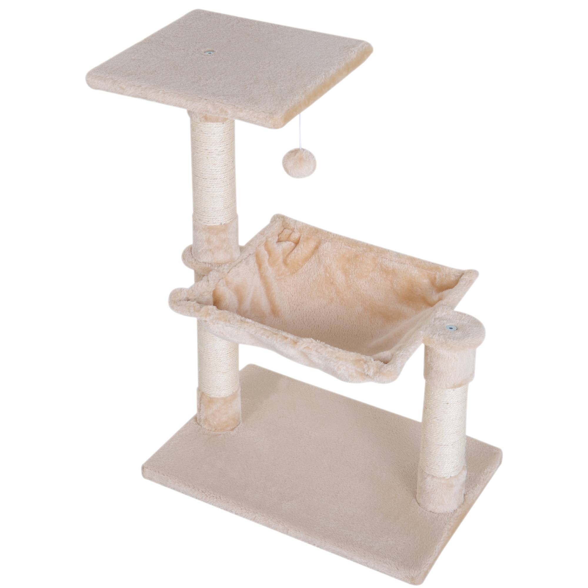 Arbre à chat PawHut 70 cm, tour avec balle en peluche, poteau sisal, grande plateforme, hamac, beige - Image 2