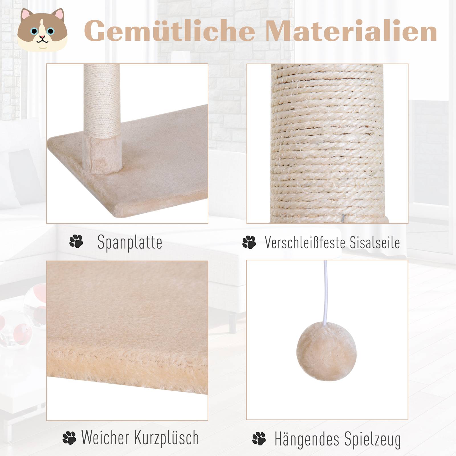 Arbre à chat PawHut 70 cm, tour avec balle en peluche, poteau sisal, grande plateforme, hamac, beige - Image 7