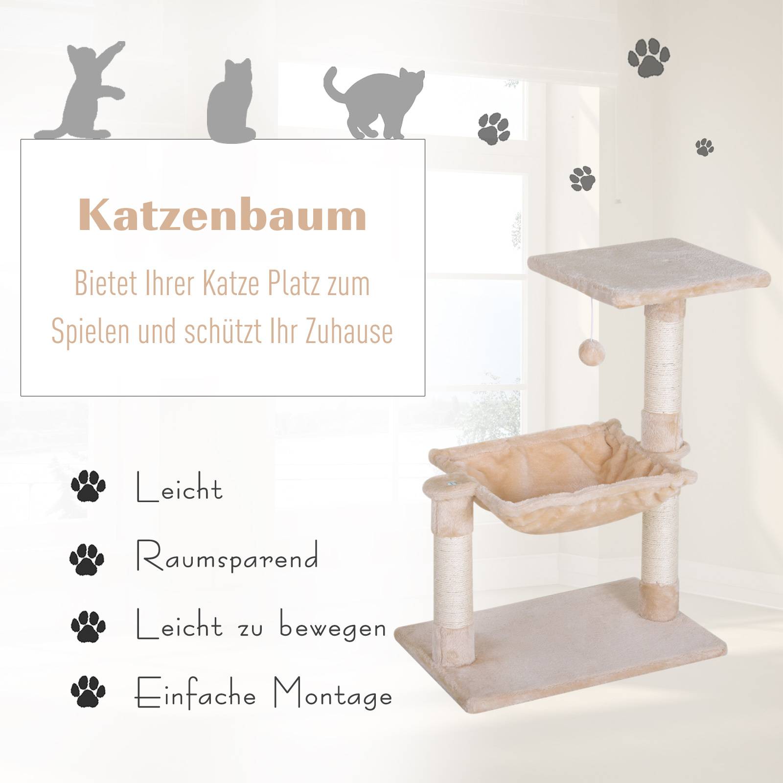 Arbre à chat PawHut 70 cm, tour avec balle en peluche, poteau sisal, grande plateforme, hamac, beige - Image 6