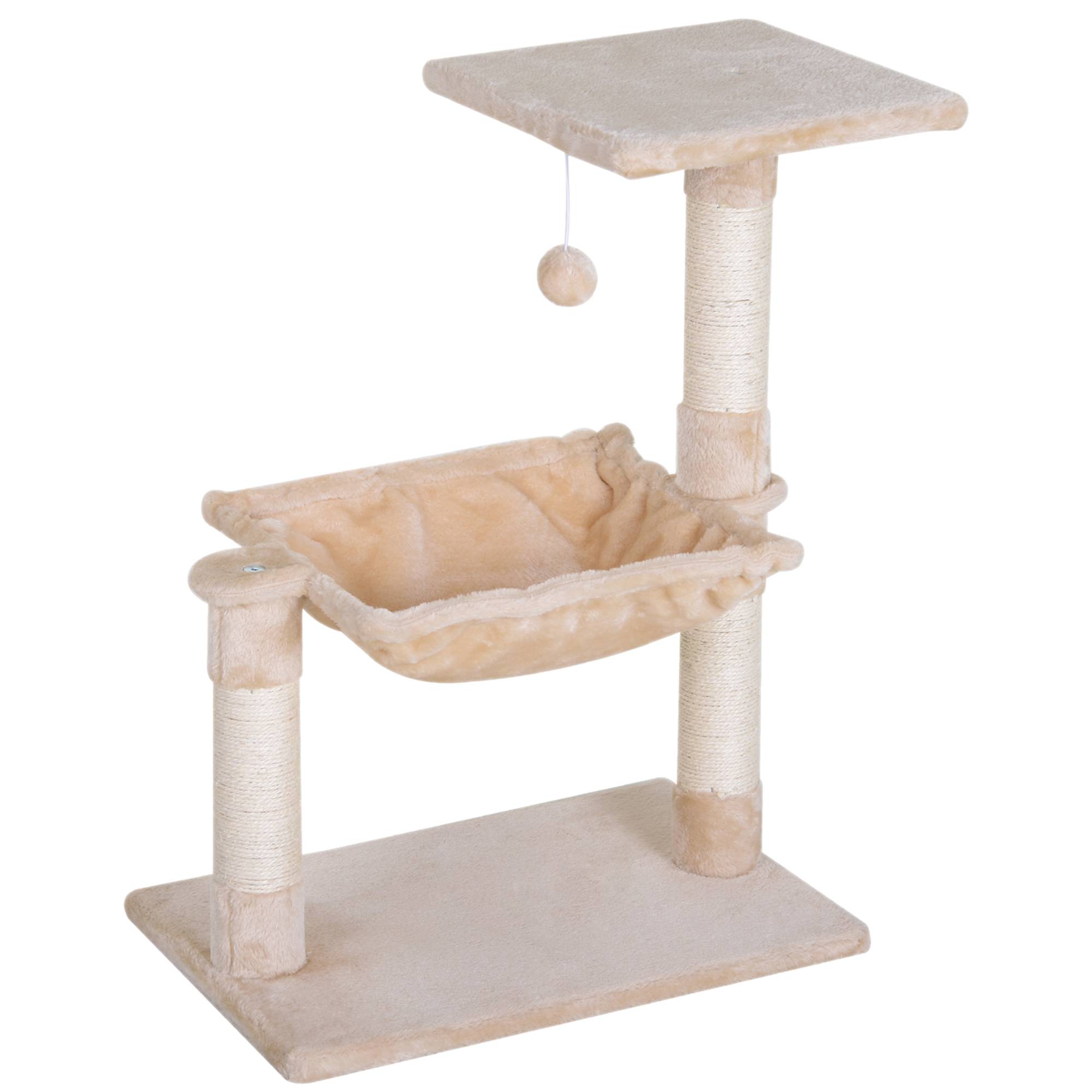 Arbre à chat PawHut 70 cm, tour avec balle en peluche, poteau sisal, grande plateforme, hamac, beige - Image 1