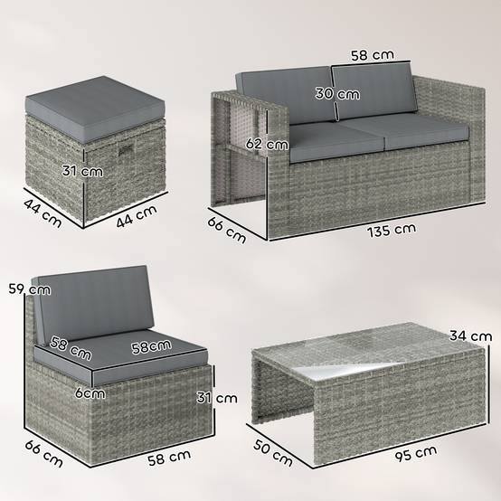 ComfortXL - Salon de Jardin Encastrable Résine Tressée Terrasse Canapé Fauteuils Poufs Gris - ComfortXL Outdoor Living - Image 5