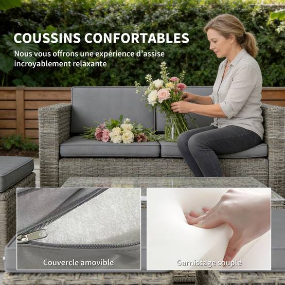ComfortXL - Salon de Jardin Encastrable Résine Tressée Terrasse Canapé Fauteuils Poufs Gris - ComfortXL Outdoor Living - Image 9