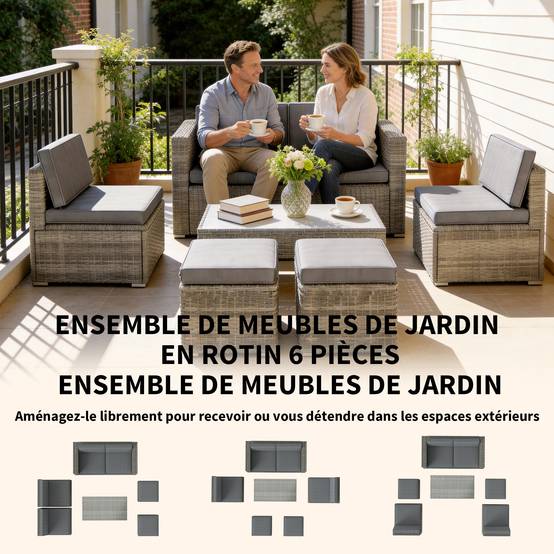 ComfortXL - Salon de Jardin Encastrable Résine Tressée Terrasse Canapé Fauteuils Poufs Gris - ComfortXL Outdoor Living - Image 6