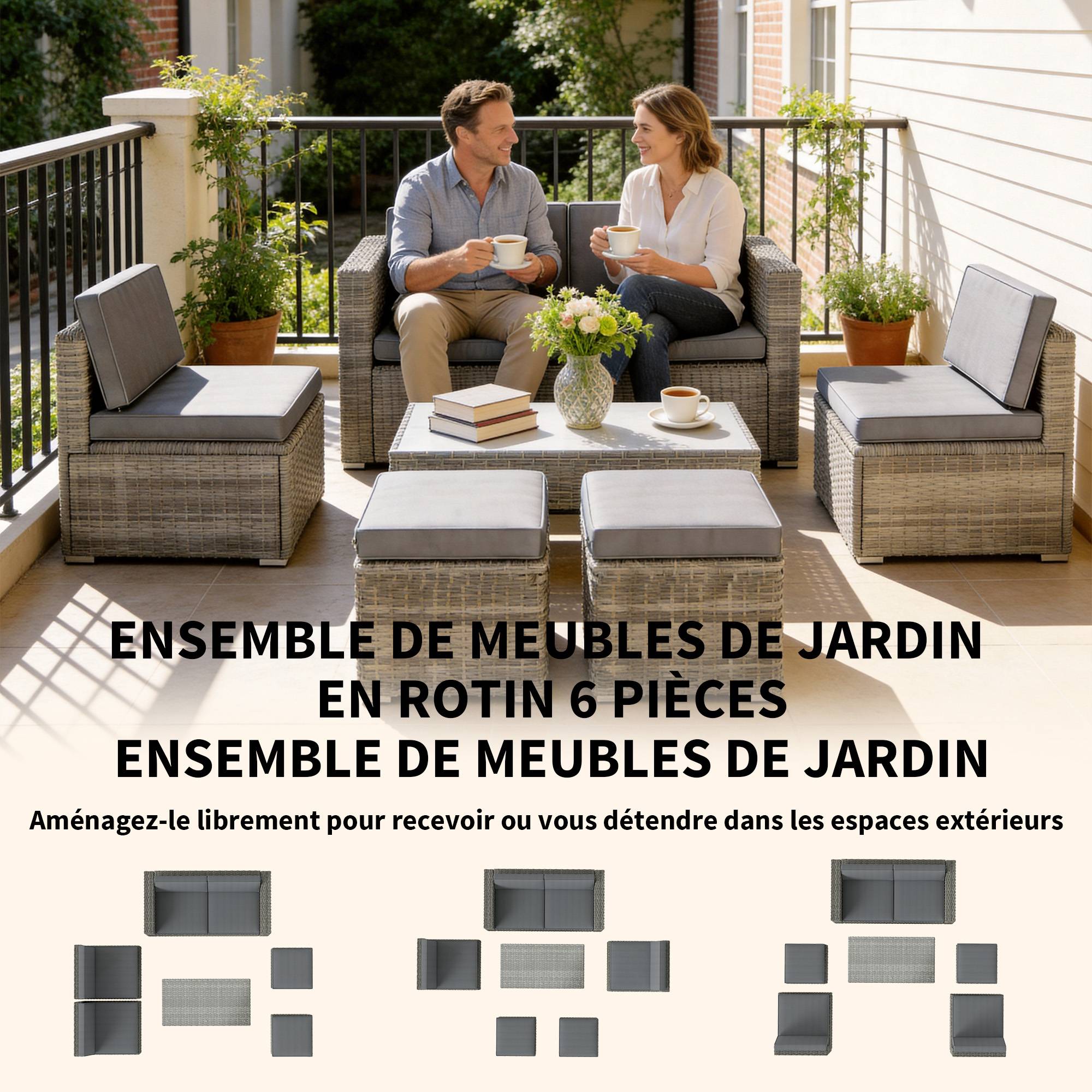ComfortXL - Salon de Jardin Encastrable Résine Tressée Terrasse Canapé Fauteuils Poufs Gris - ComfortXL Outdoor Living - Image 6