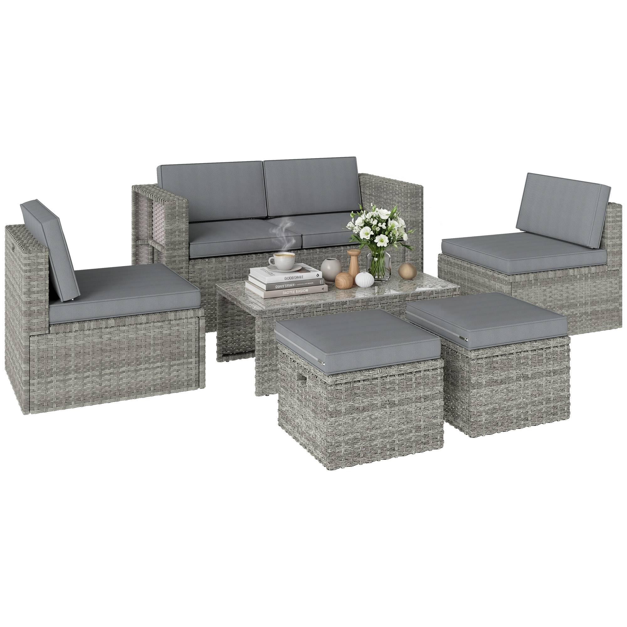 Salon de Jardin Encastrable Résine Tressée Terrasse Canapé Fauteuils Poufs Gris - ComfortXL Outdoor Living