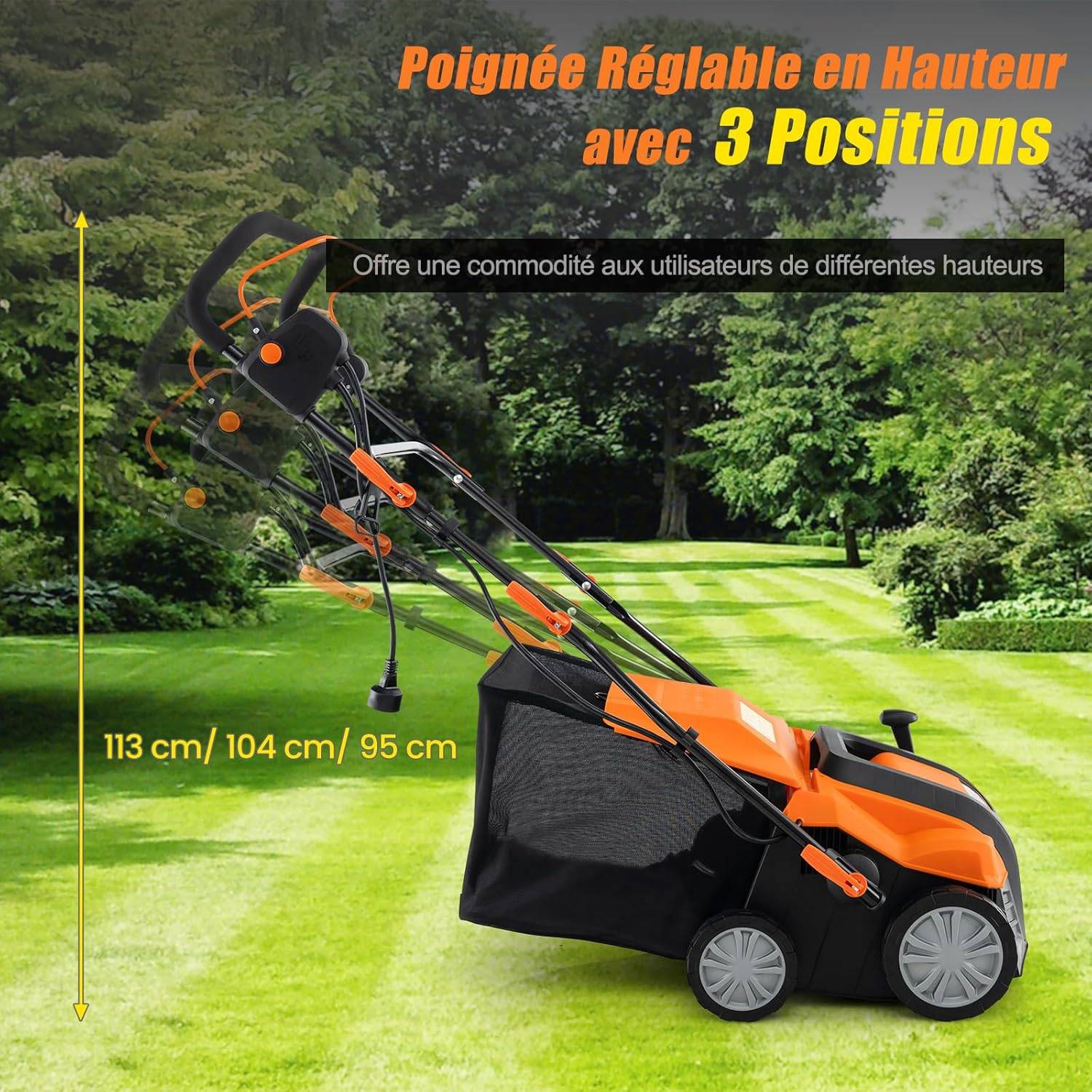 Costway - Scarificateur de Pelouse Électrique 2 en 1 de 15A, avec Double Interrupteur de Sécurité Réglable à 5 Positions Sac de Ramassage 55 L, Orange - Image 6